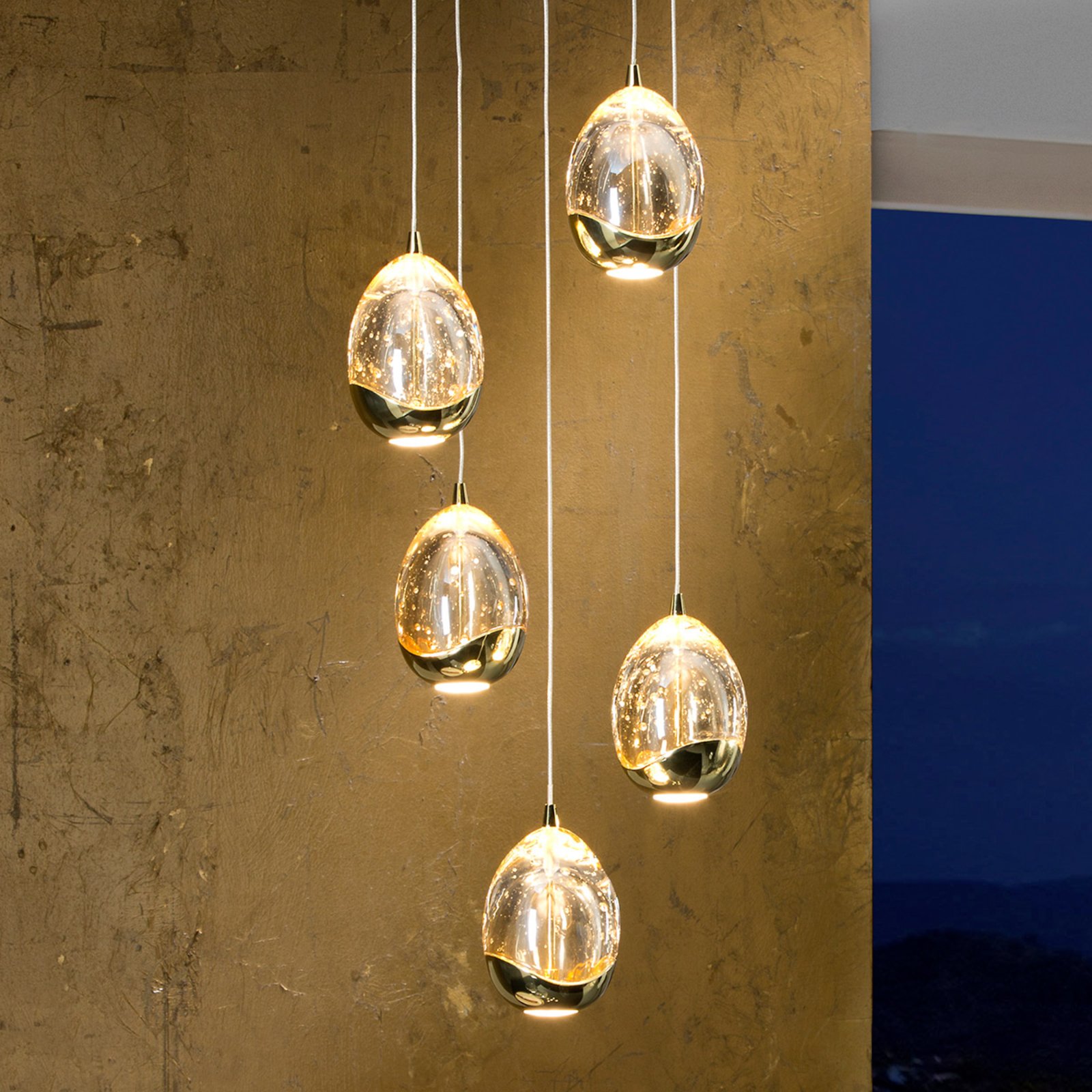 LED-pendel Rocio, 5-lys, rund, metal, glas, guld