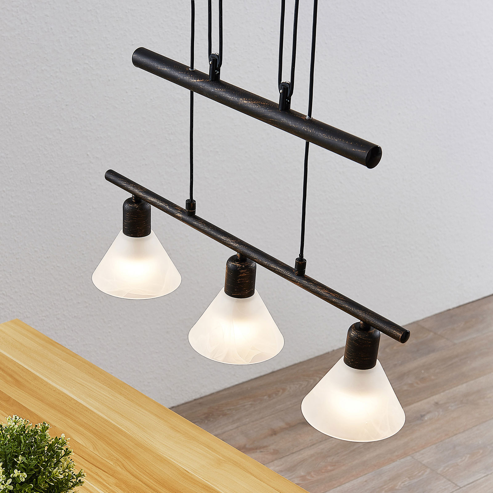 Lindby Height-adjustable pendant lamp Delira 3-bulb black, for Living / Dining Room, glass, iron, E14, 40 W, energy efficiency: A++, L: 54 cm, W: 12.5 cm, H: 14.5 cm