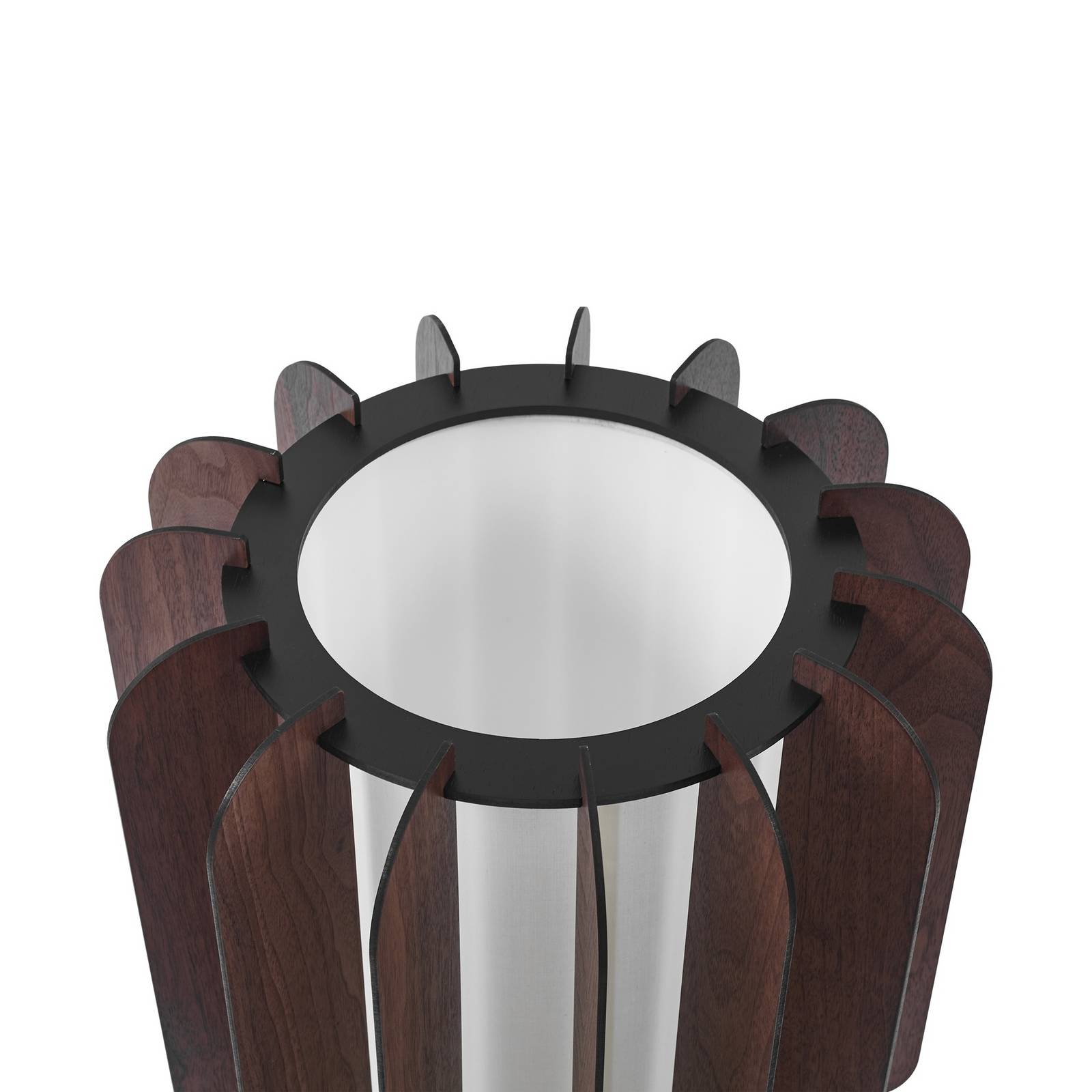 Lucande Lampa stojąca Juneta, 75 cm, brązowa, drewno, tkanina