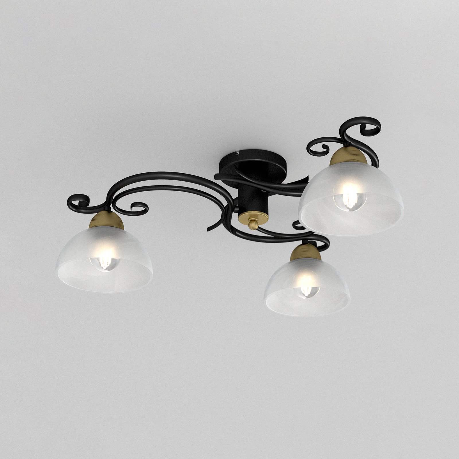 Luminex Plafonieră Flora 3 abajururi din sticlă negru/alamă - Camera de zi / sufragerie - Casă de țară / Rustic - satinat negru alamă