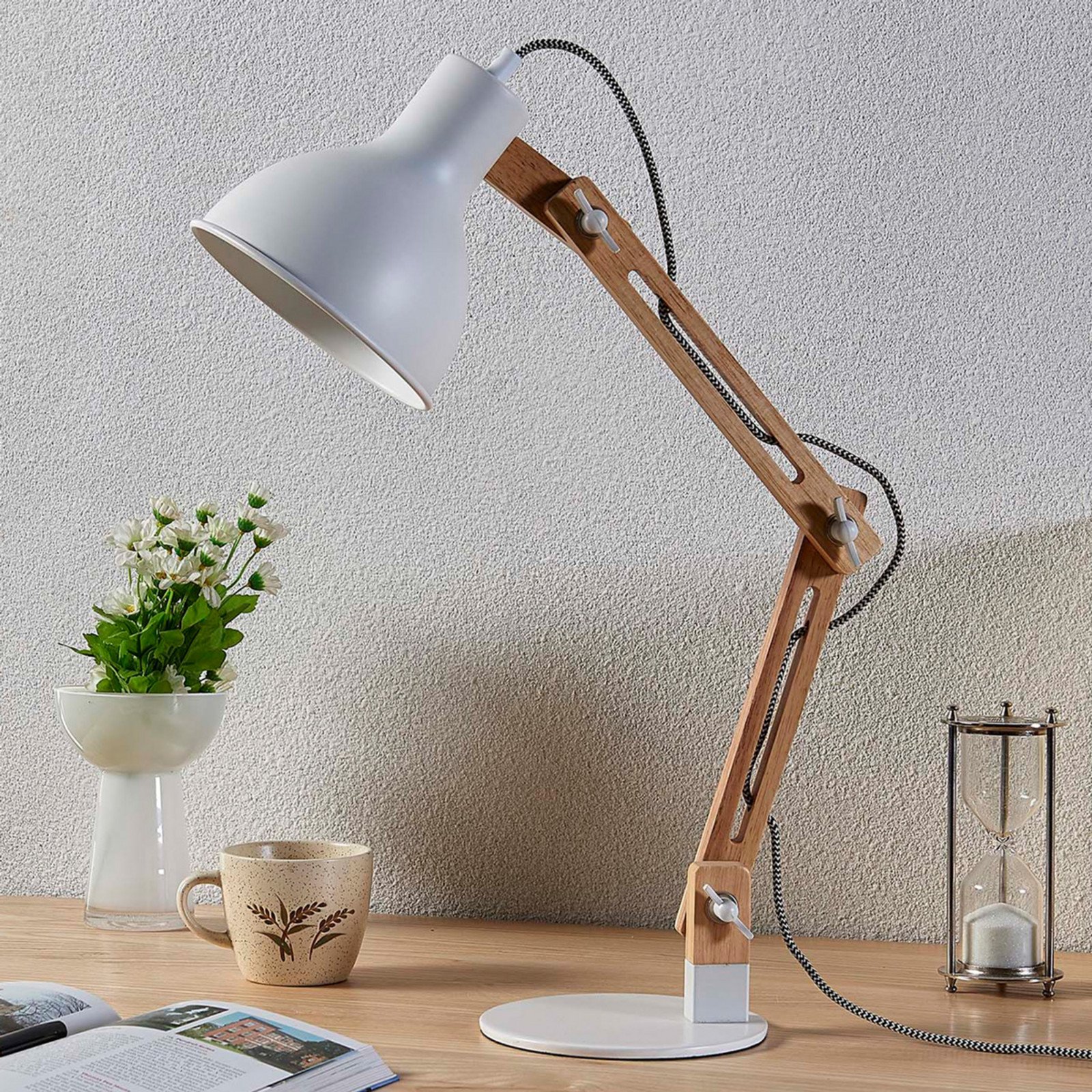 Lindby Shivanja lampă de birou din lemn cu abajur alb - Studiu / Birou - modern - alb frasin