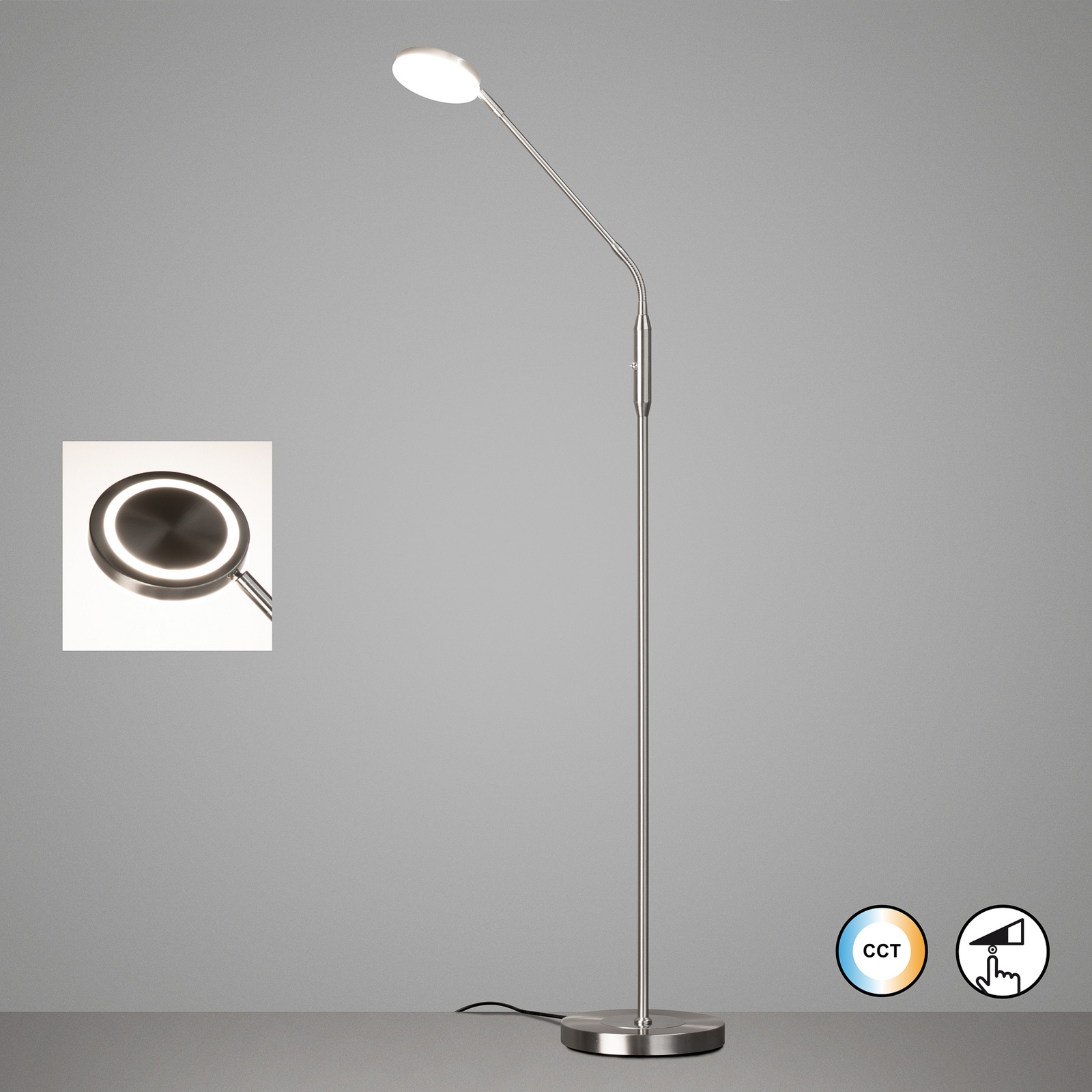 Sorento nickel LED floor lamp, height 138 cm, CCT, touch dimmer