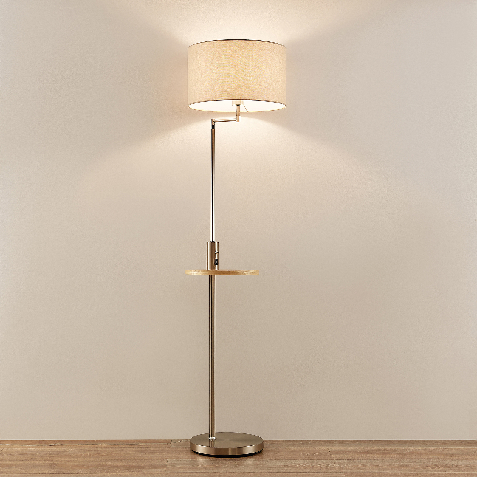 Lindby Zinia floor lamp with shelf and USB, nickel
