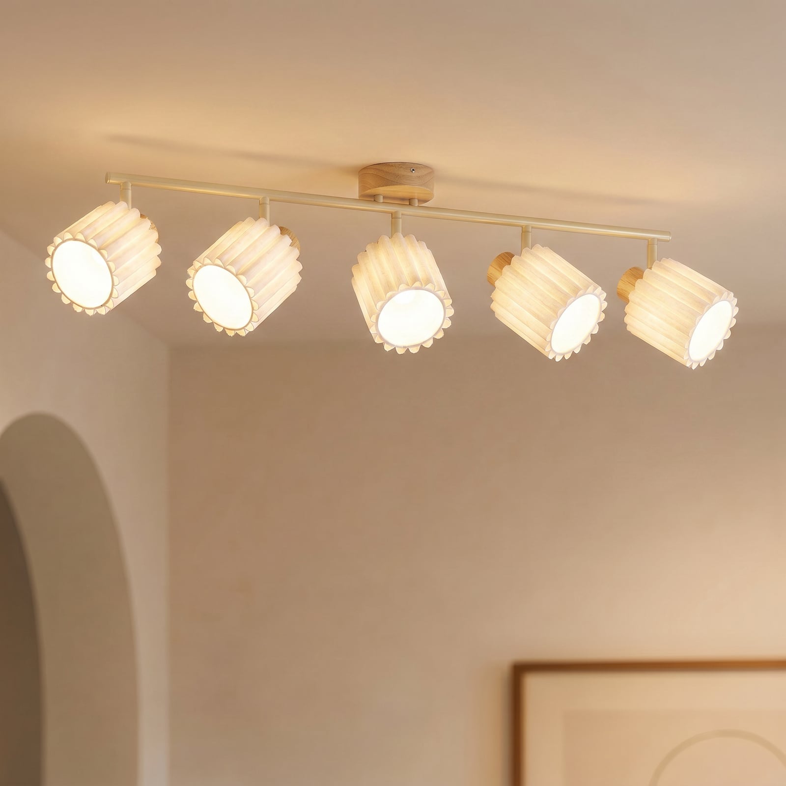 Faretto da soffitto Shiloh, naturale/beige, a 5 luci, legno di gomma - Lindby
