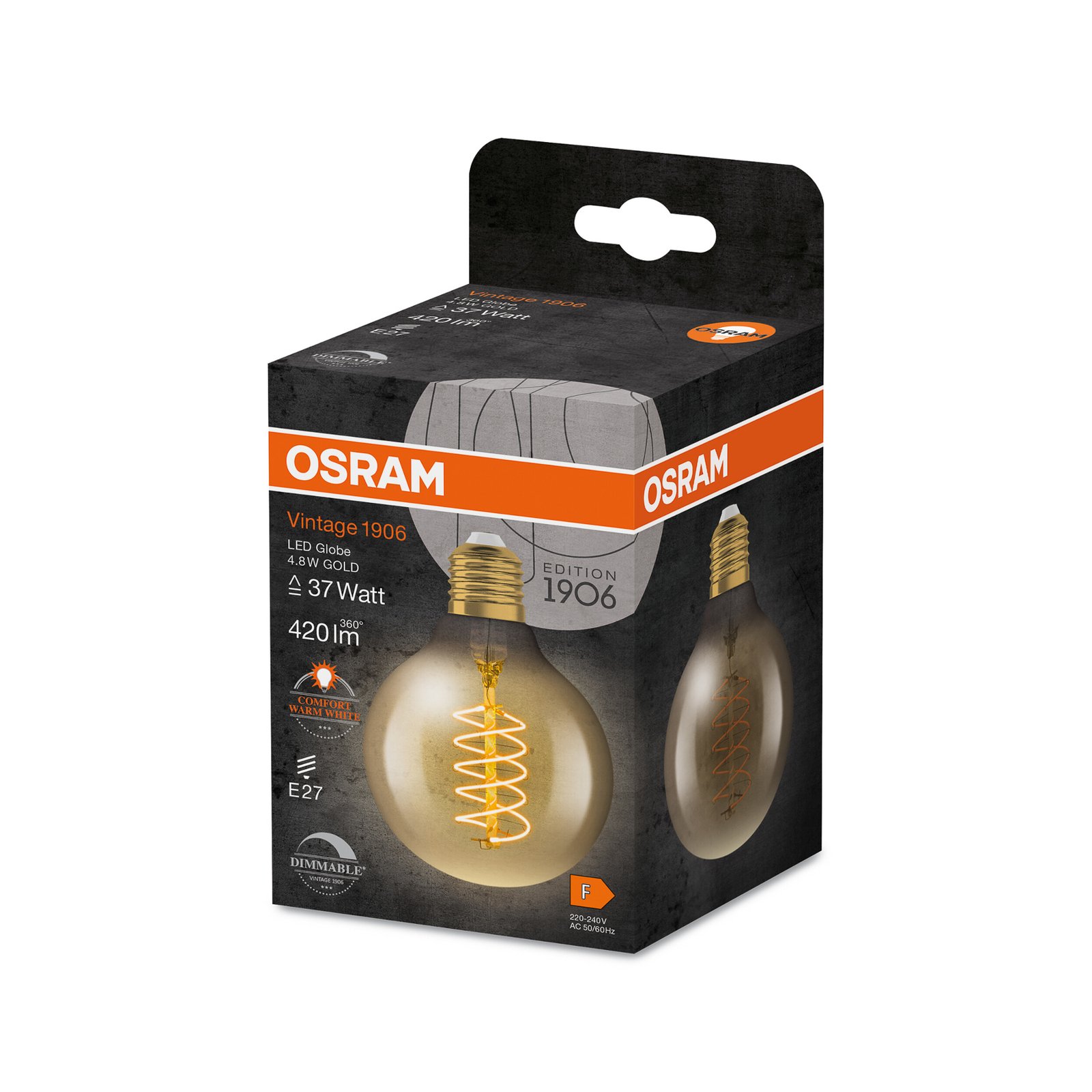 OSRAM LED Vintage 1906, G80, E27, 4.8 W, gold, 2,200 K, dimmable.