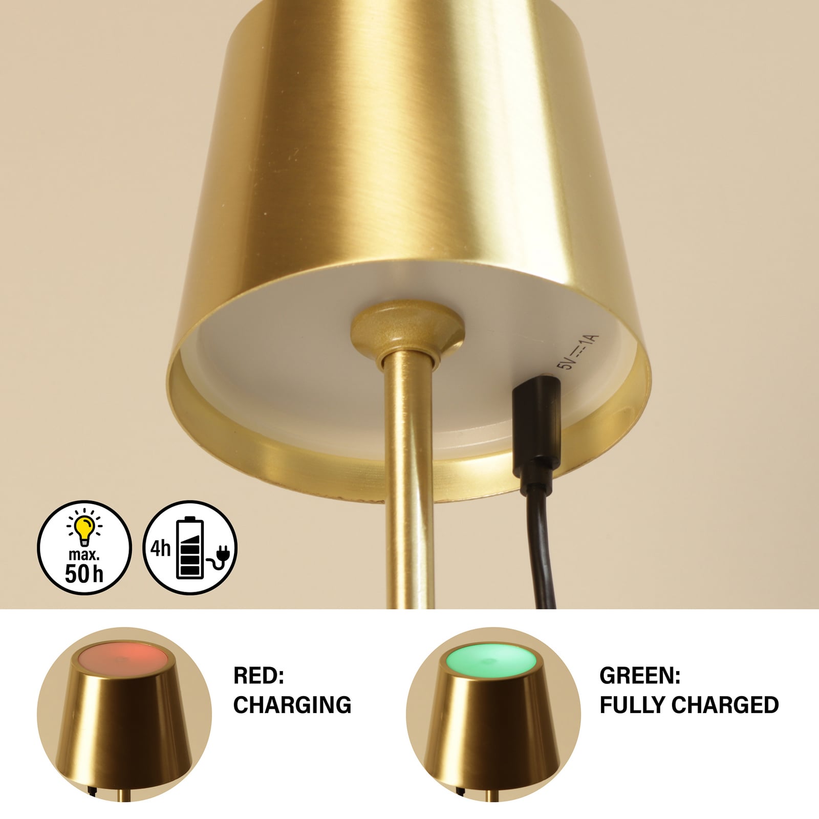 LED-Akku-Tischlampe Roxi, messingfarben, Metall, IP54 Dimmer