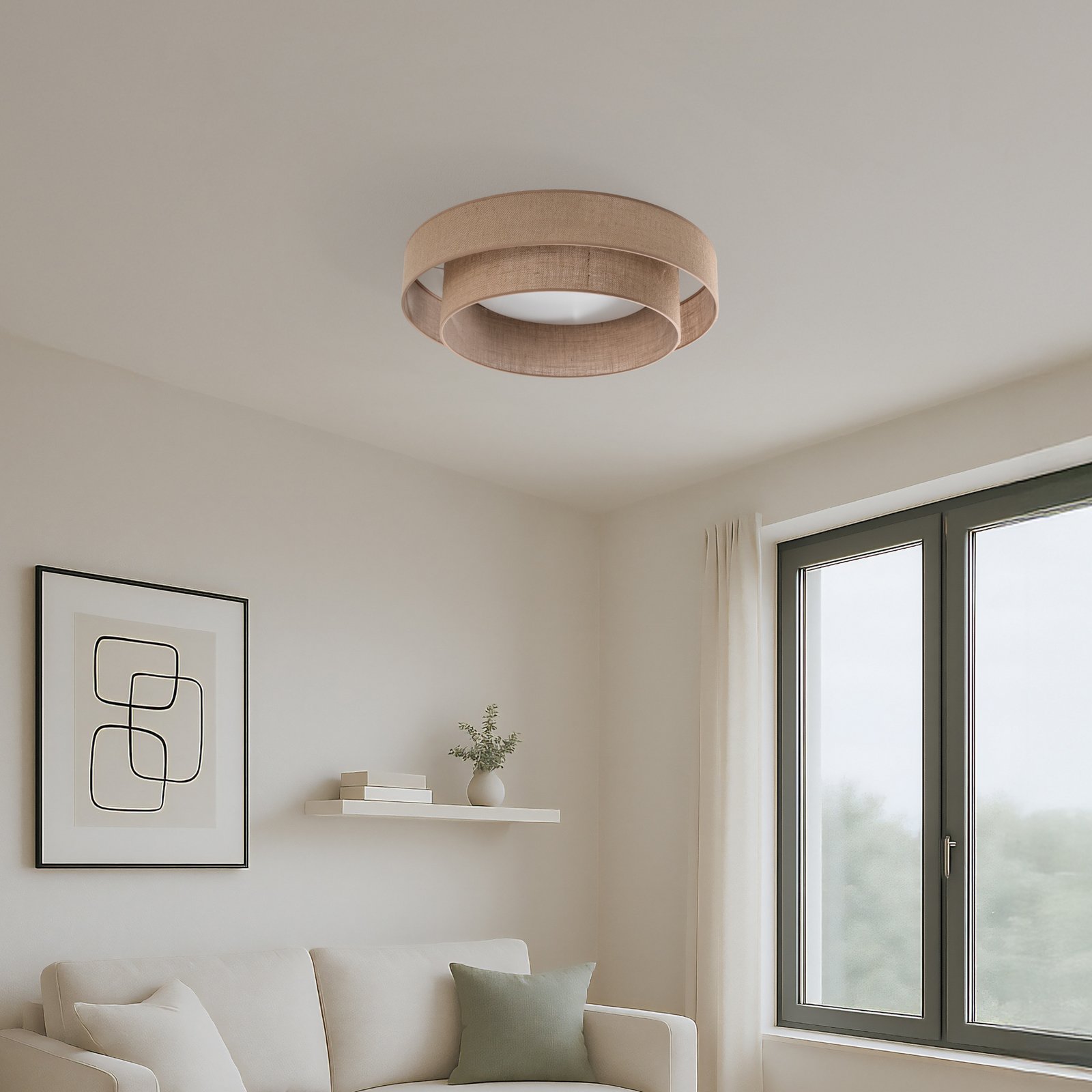 Luneta LED ceiling light, jute, brown, Ø 60 cm, 3-step dimmable