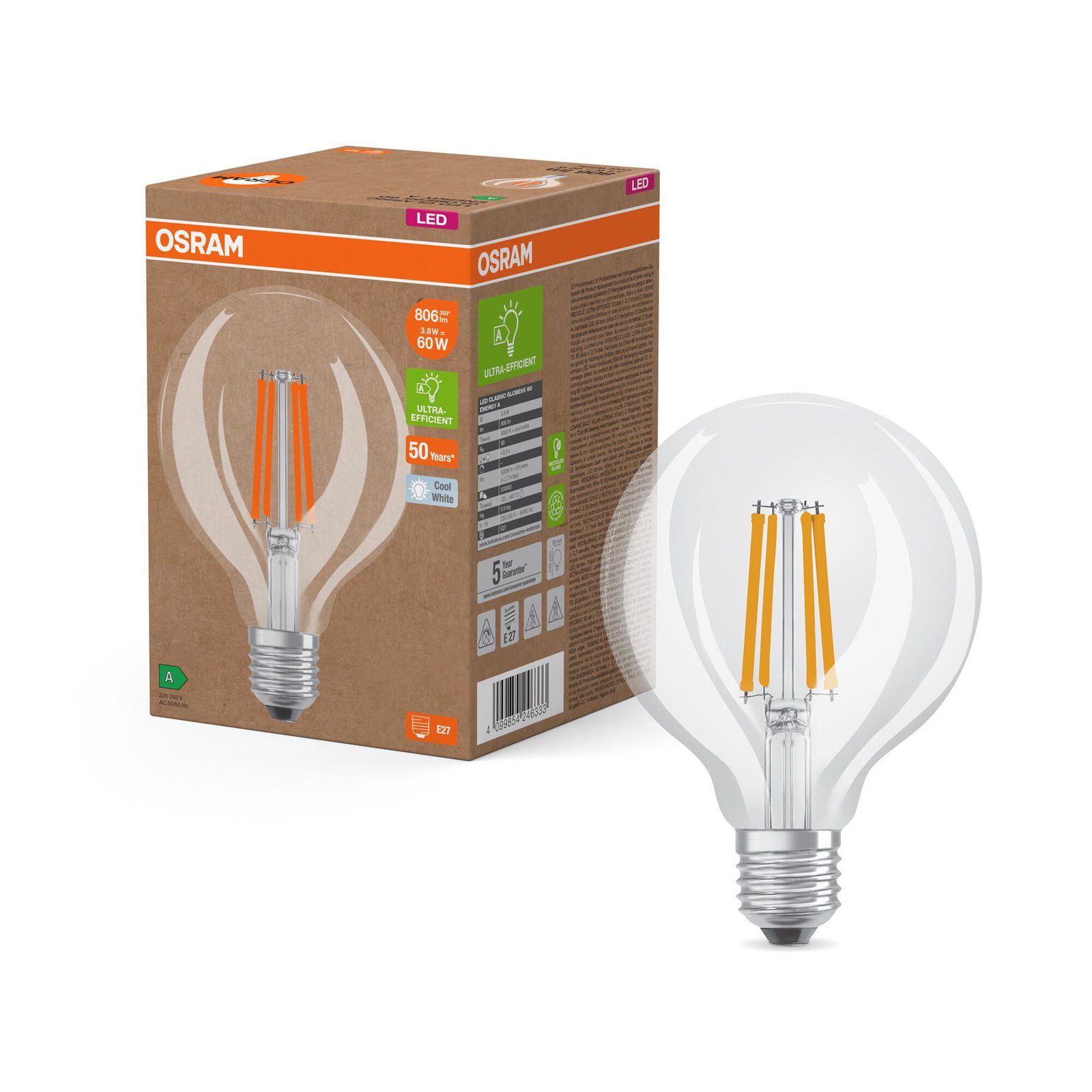 OSRAM LED lamp Globe G95 E27 3,8W Filament 4.000K