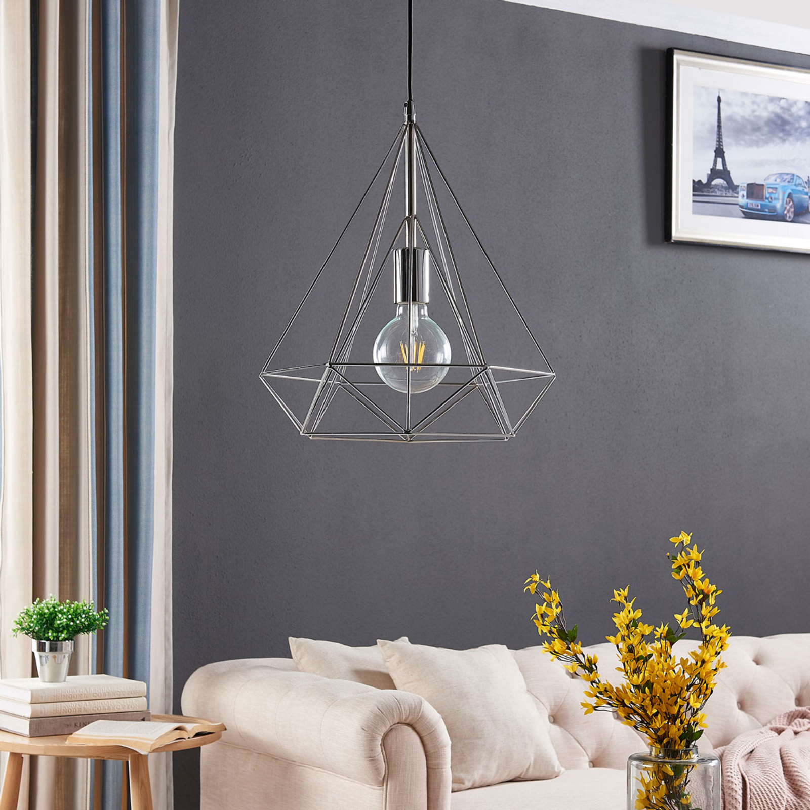 Chrome-plated pendant light Nael in cage shape