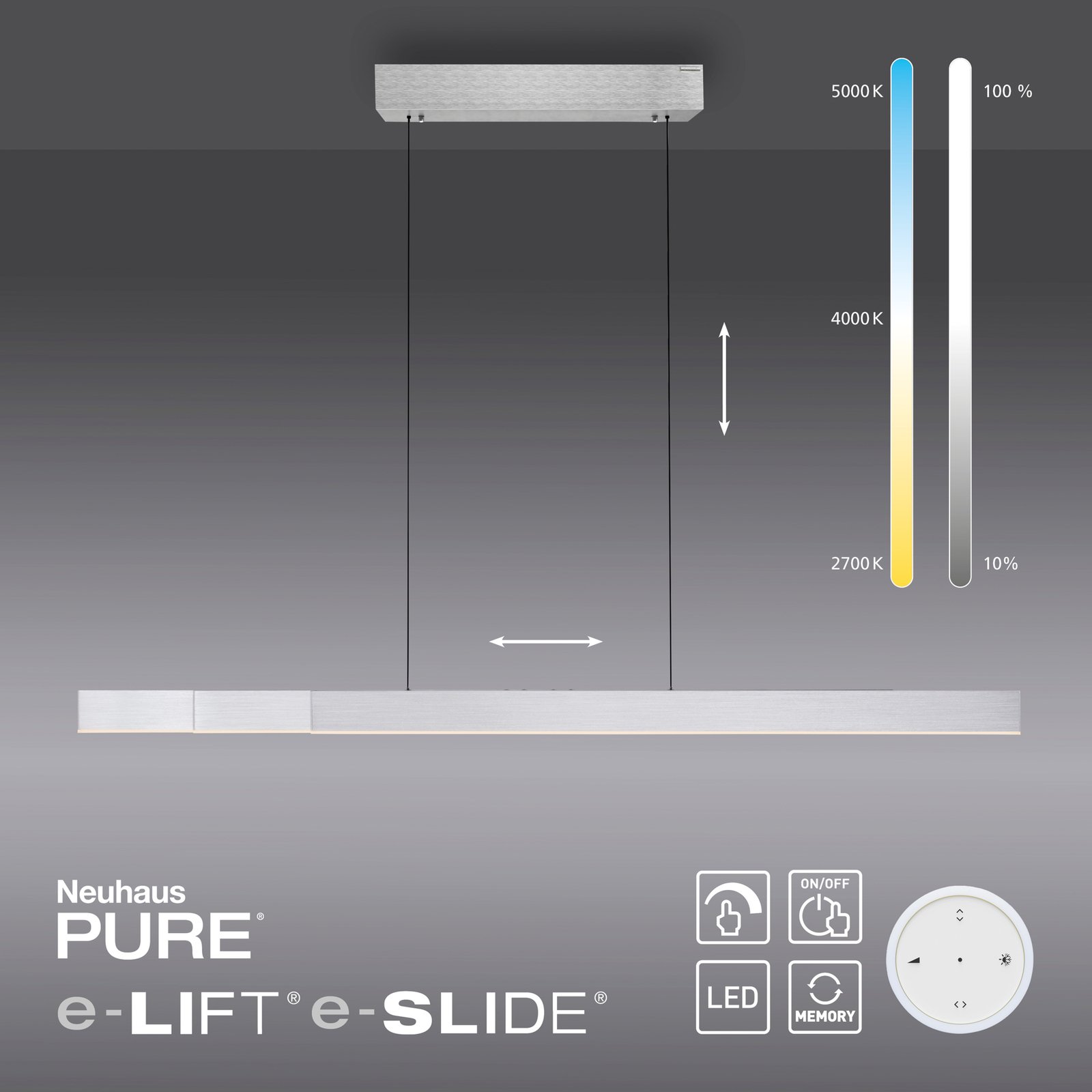 PURE Moto-Rise LED pendant light with CCT, silver