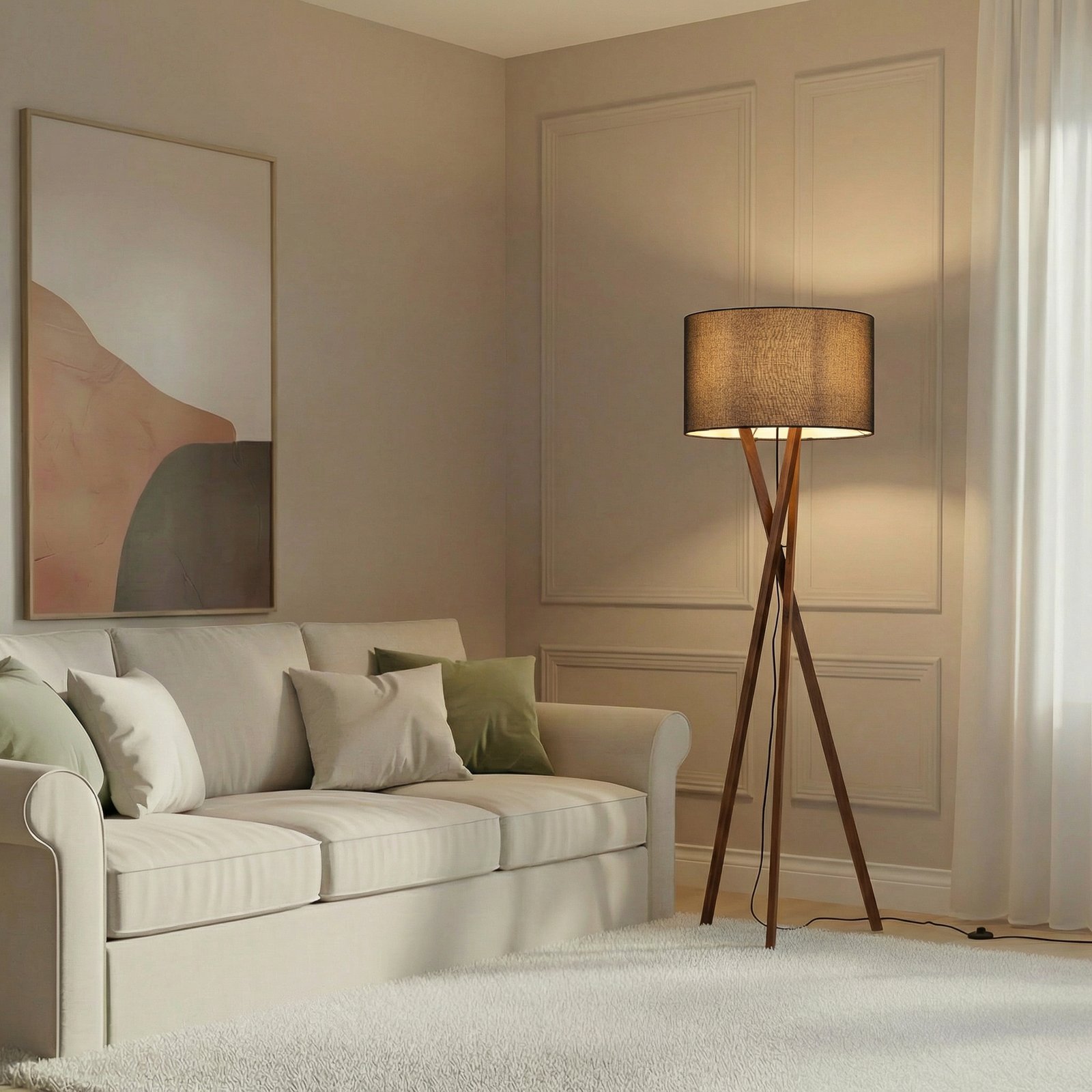 Lucande Stehlampe Auriane, Tripod, schwarz, Stoff, 160 cm