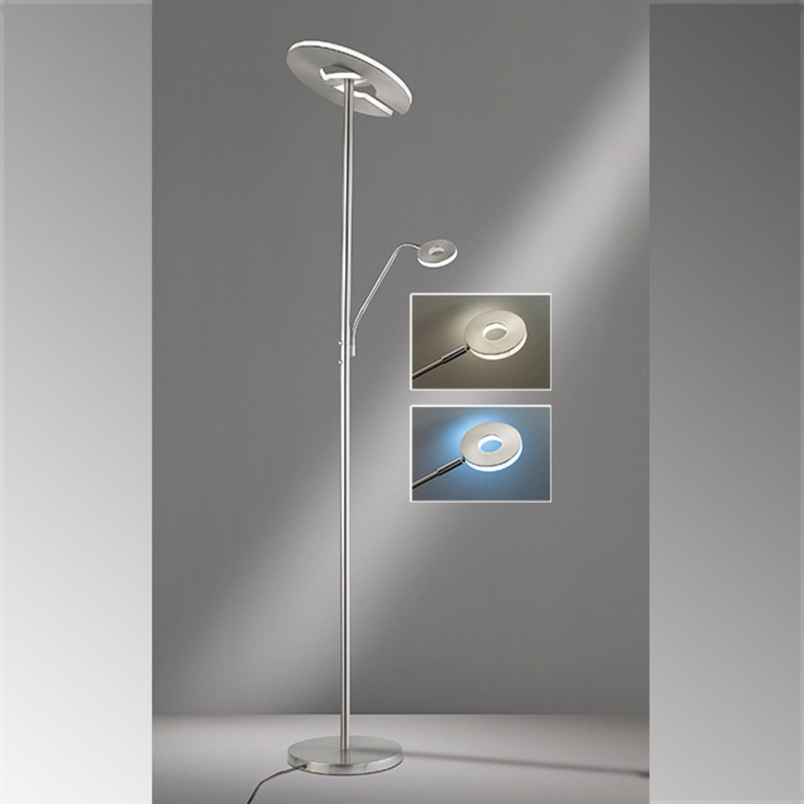 MeineWunschleuchte - Piantana LED 180 Cm Con Lampada Da Lettura Flessibile, Paralumi Bianchi, Metallo Argento, Luce Calda