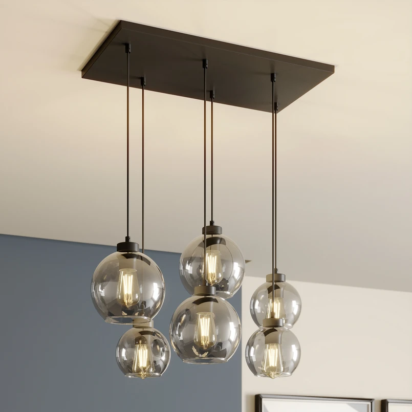 Cubus hængelampe, røggrå, glas, 74 cm lang, 6 lyskilder