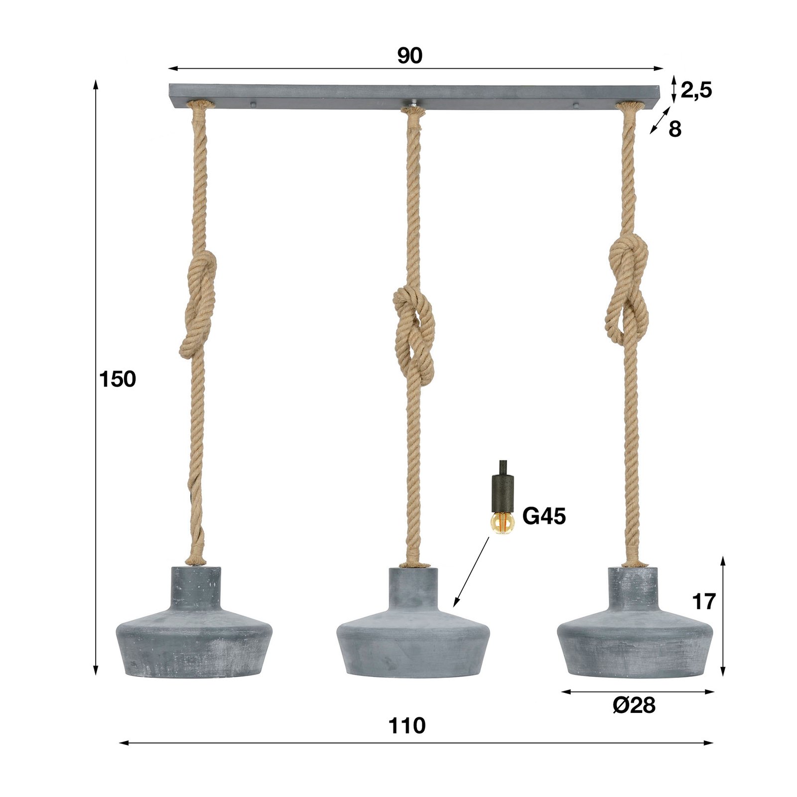 Retrope hanglamp met drie kappen in betonlook