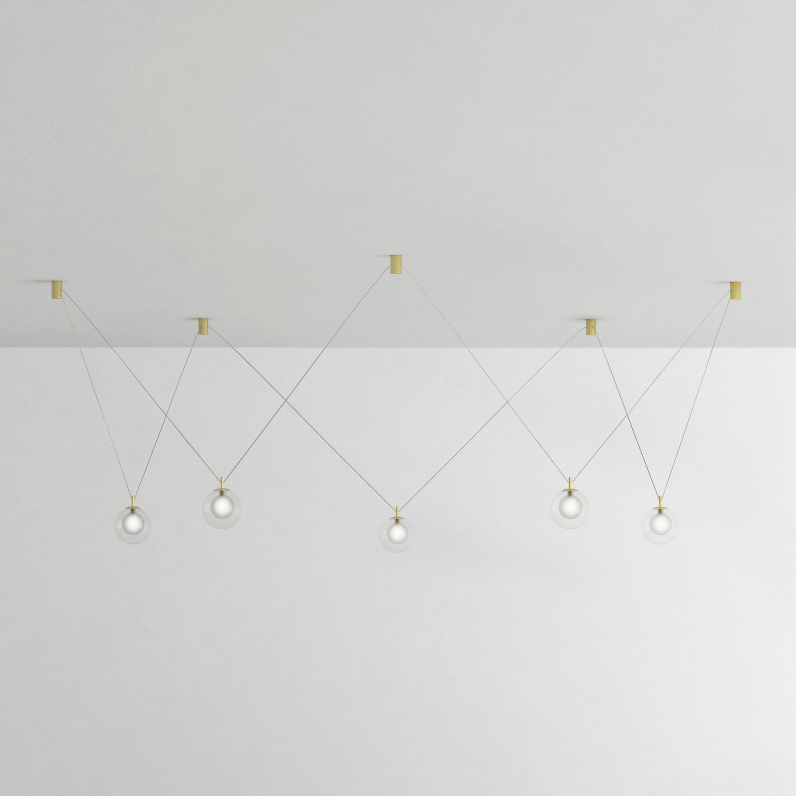 Suspension Aladino, 5 lampes, clair/doré, verre, décentré