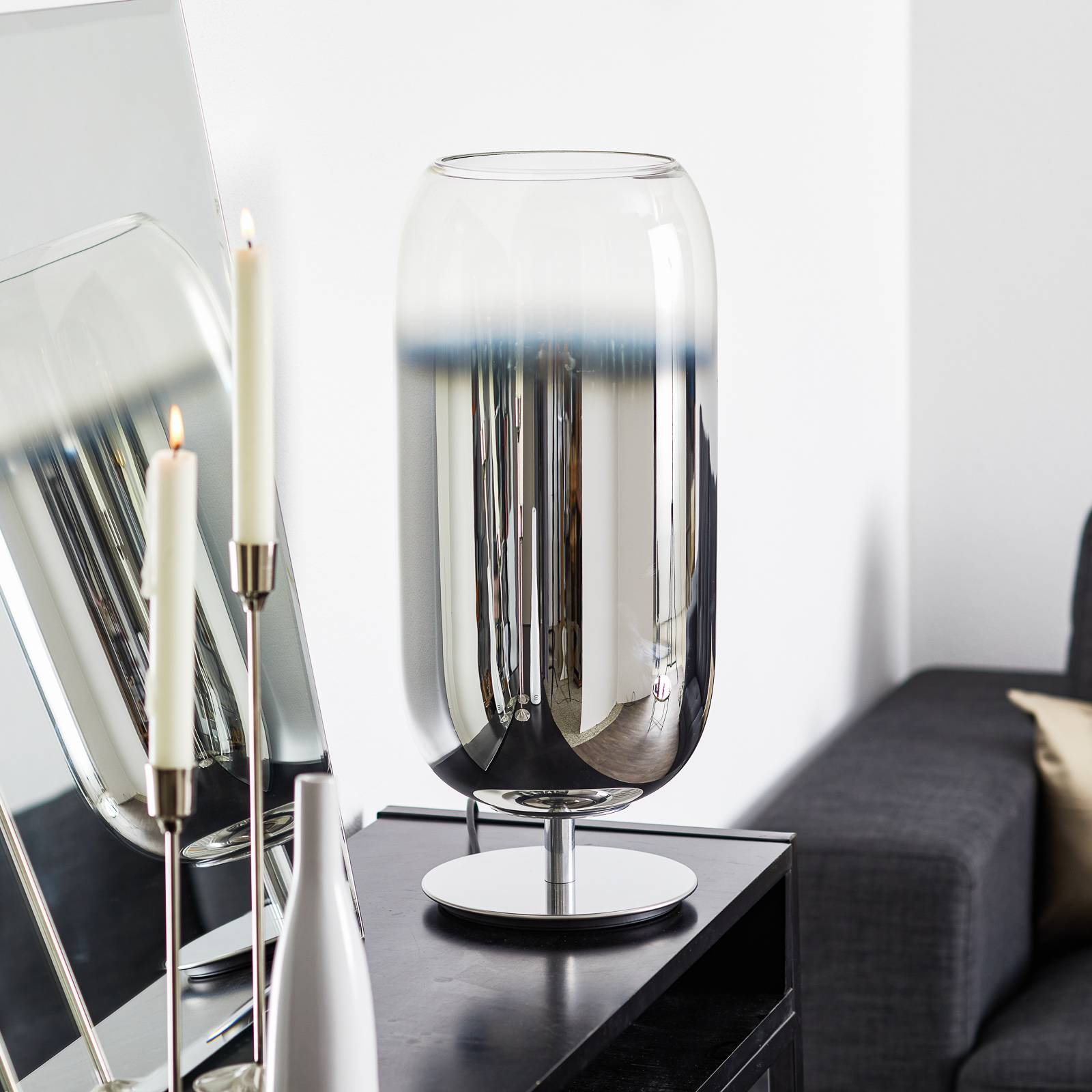 Artemide Gople table lamp, silver, for Living / Dining Room, aluminium, glass, E27, 20 W, energy efficiency: A++, H: 48.5 cm