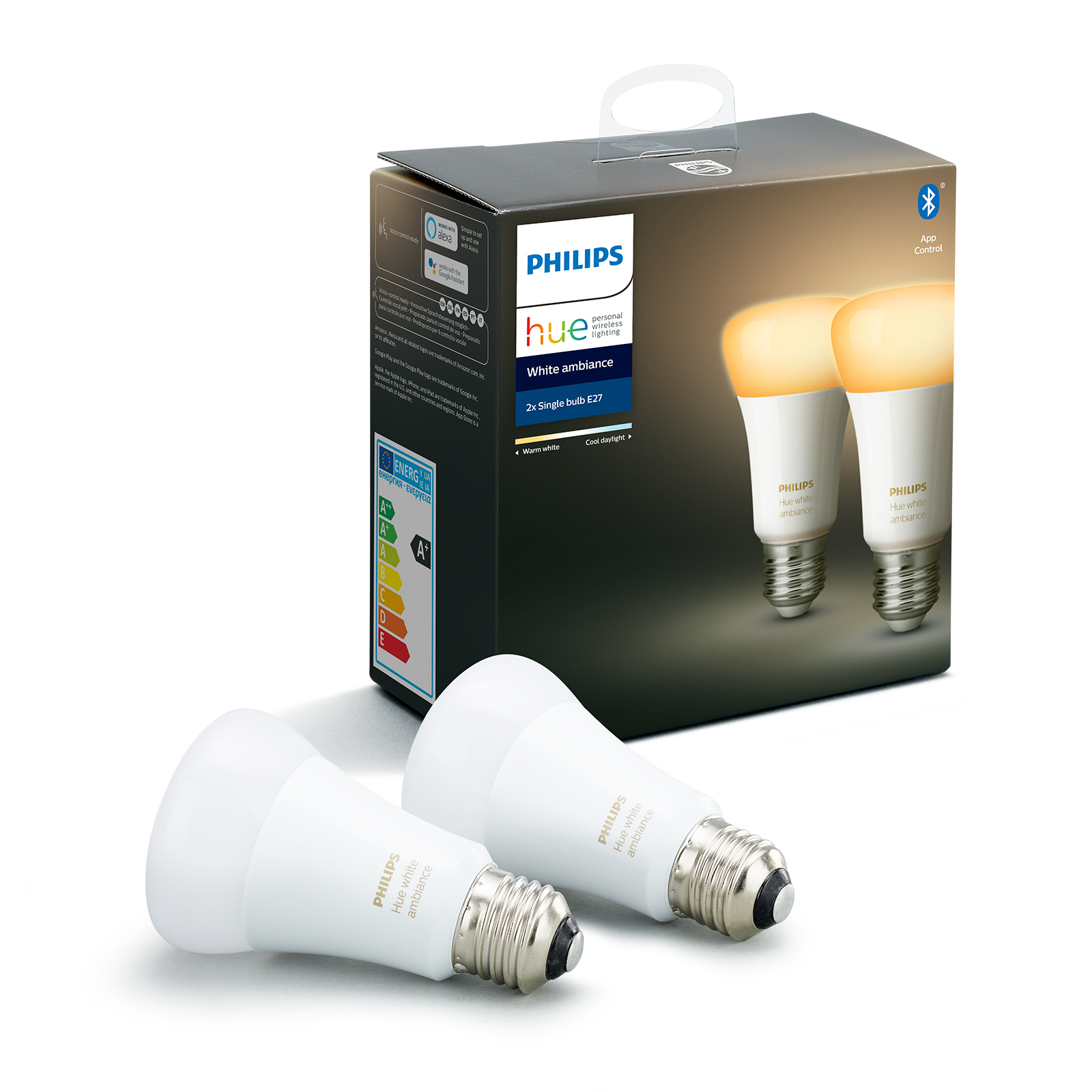 PHILIPS HUE Philips Hue White Ambiance E27 8.5W, set of 2, plastic, E27, 8.5 W, energy efficiency: A+, L: 11 cm