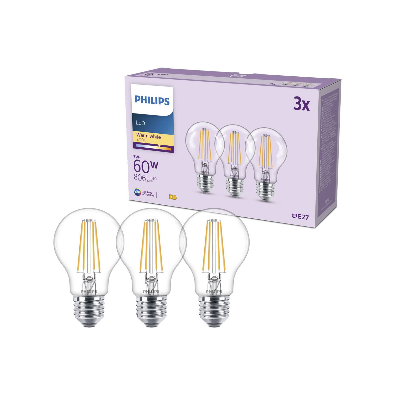 Philips LED-pære E27 A60 7W 806lm 2700K filament 3-pak