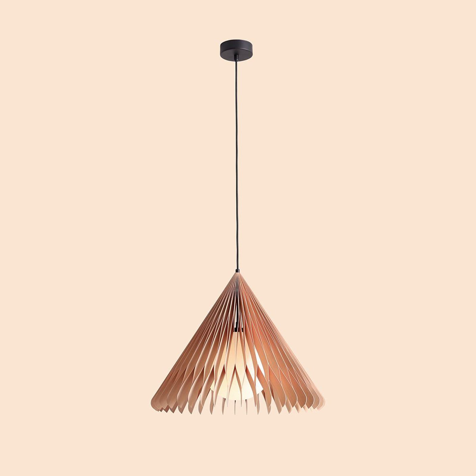 Nature Sun pendant light glass XL, pointed cone, Ø 48 cm, wood