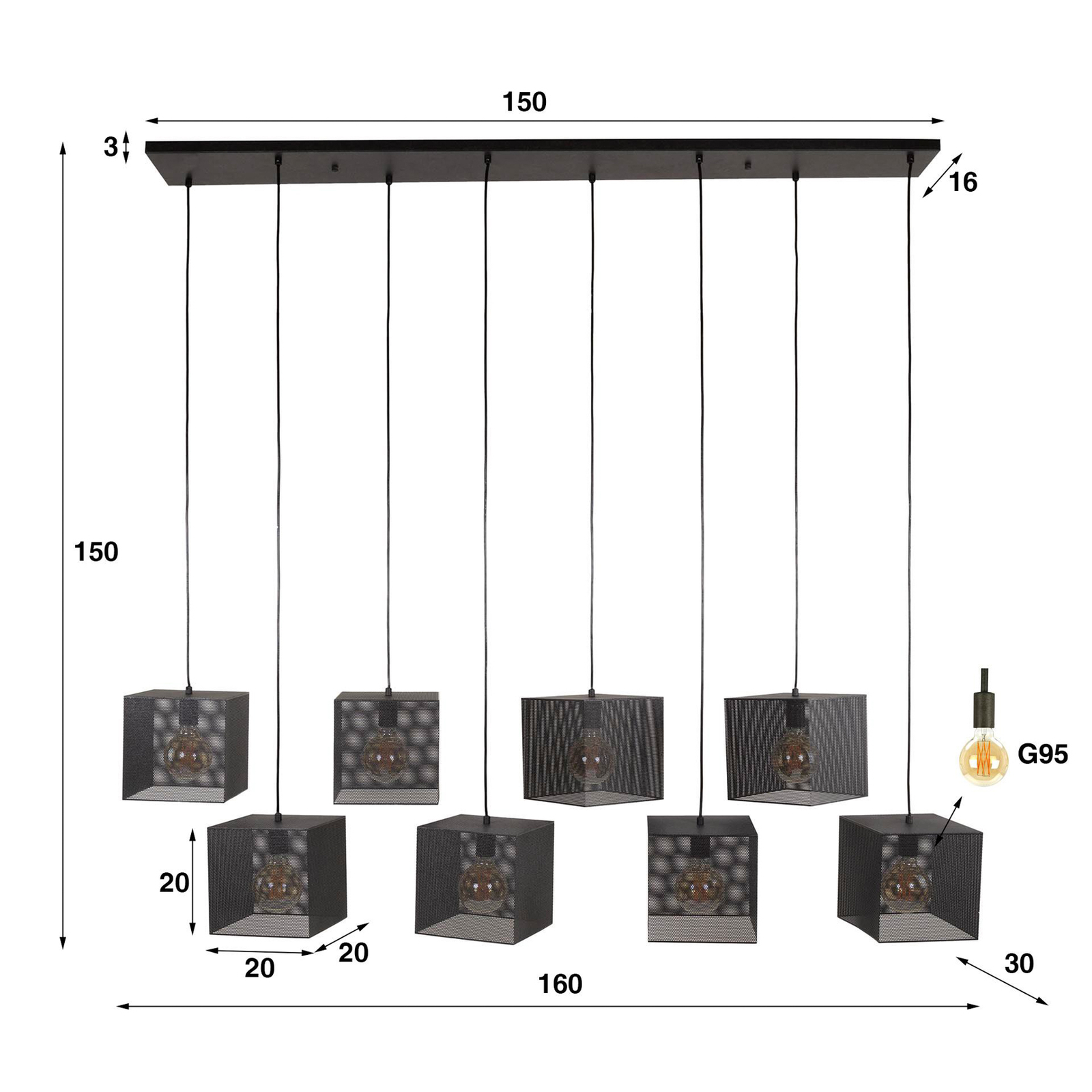 Hängeleuchte Block, schwarz, 160 x 30 cm, Metall, 8-flammig