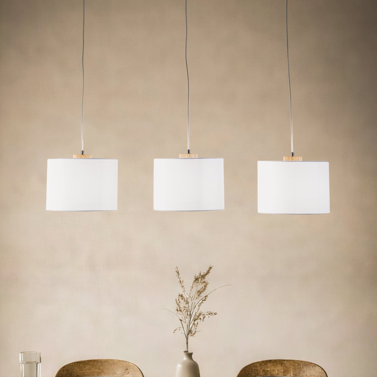 Lindby hanglamp Imarin, 3-lamps, wit, textiel, 100cm