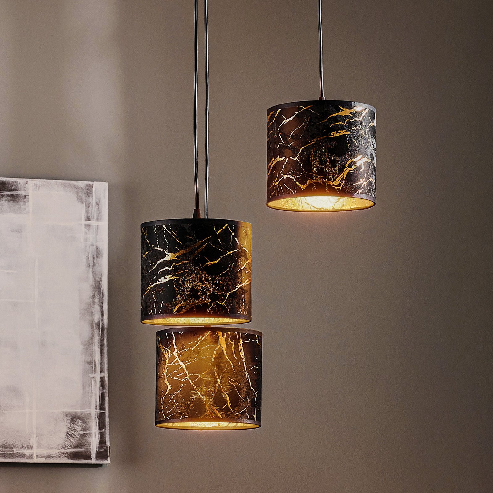 EMIBIG LIGHTING Lampă suspendată Jari din pânză 3 becuri rotundă marmorată negru - Camera de zi / sufragerie - negru auriu - Țesătură / Textil