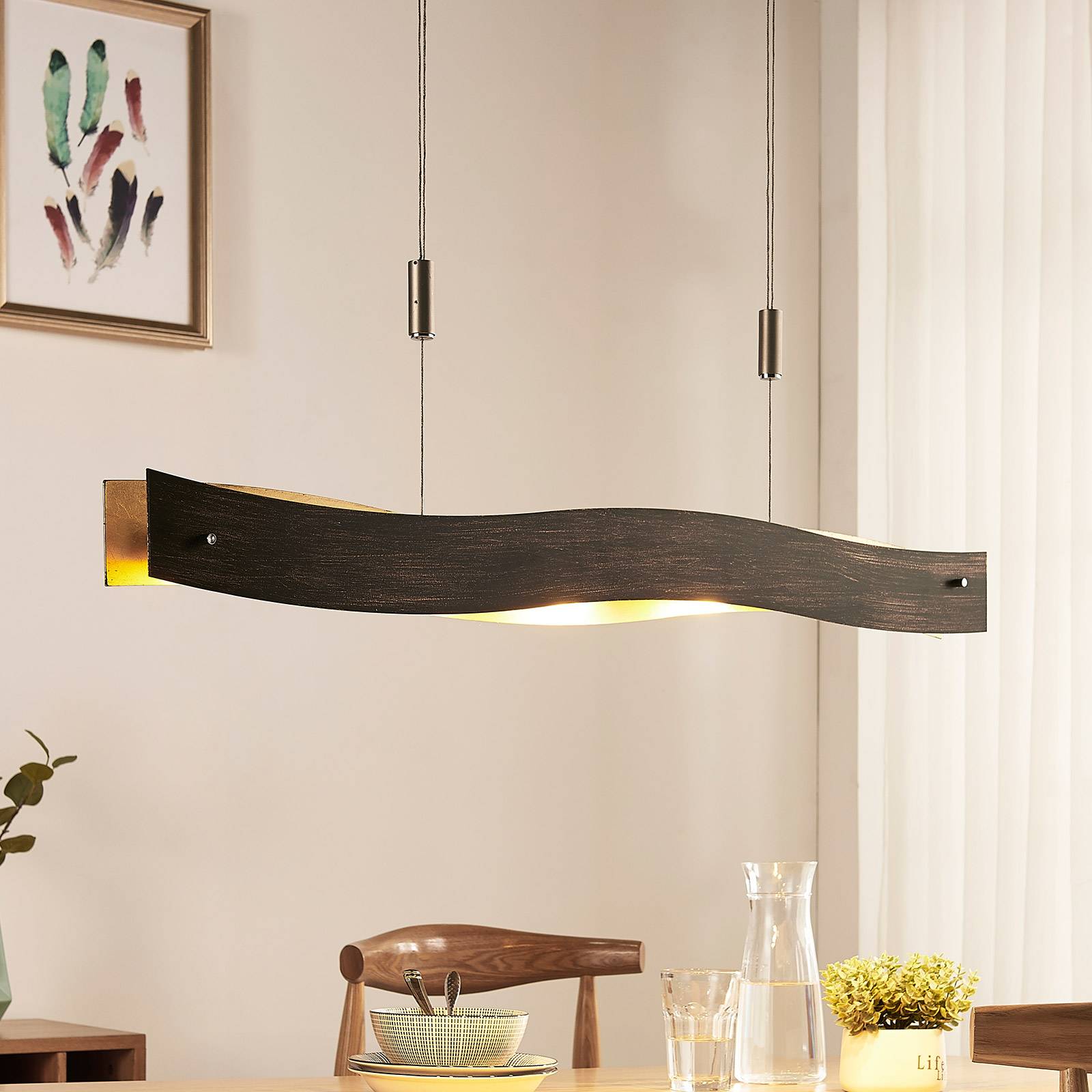 Lucande Dimmable LED hanging light Ebu, black-gold, for Living / Dining Room, metal, aluminium, acrylic, 5 W, energy efficiency: A+, L: 99.5 cm, W: 10 cm, H: 8.2 cm