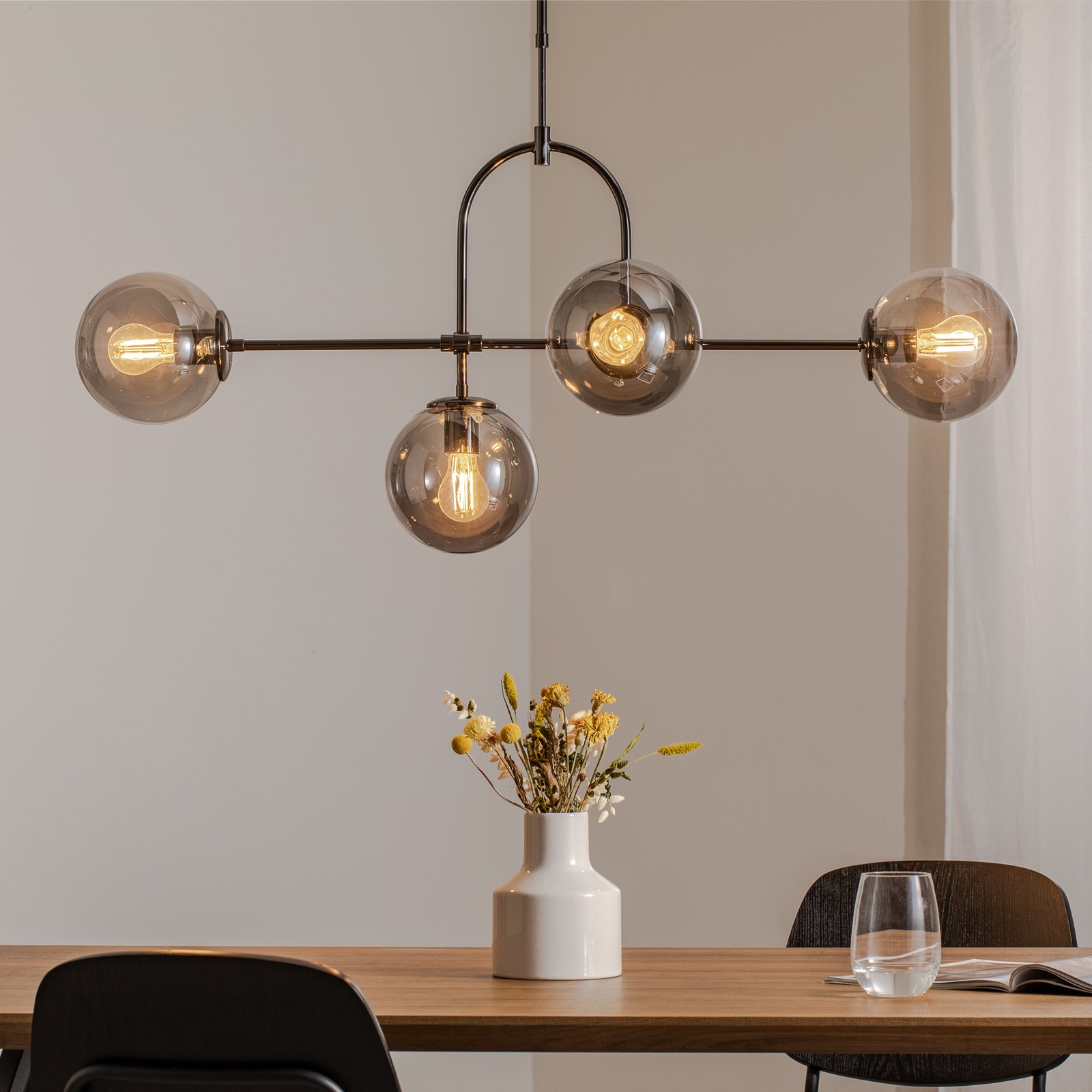 Portemo hanging light, smoky grey/nickel, 109x30 cm, 4-bulb glass