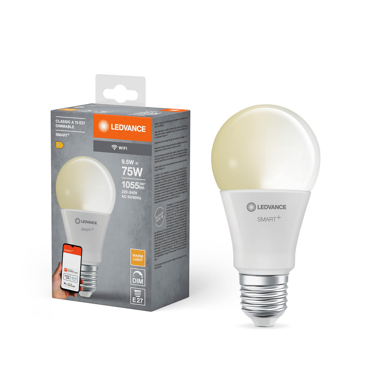 LEDVANCE SMART+ WiFi LED-lampa E27, 9,5W Classic, 2 700K