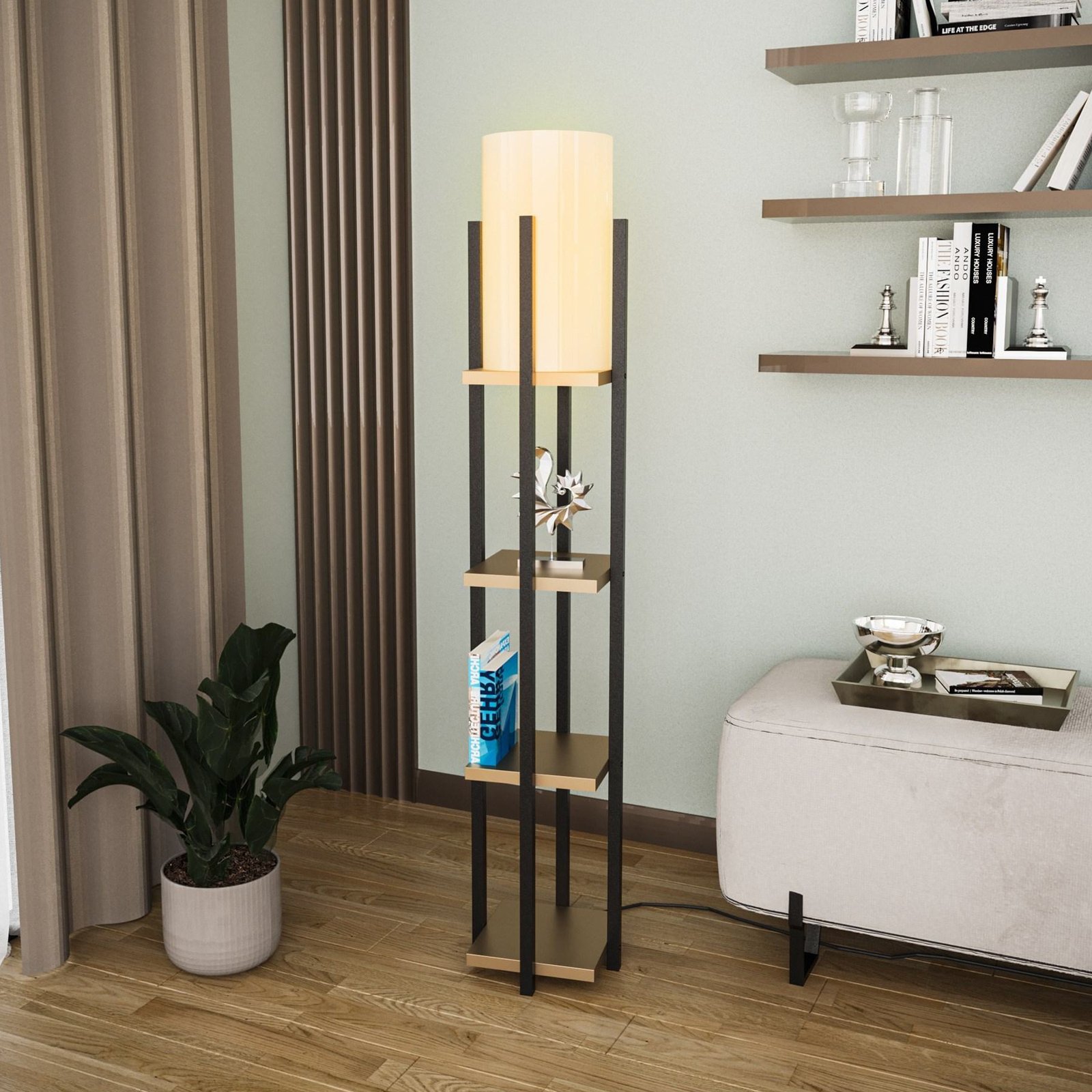 Lampada da terra 8115, nero/oro/bianco, metallo/tela, altezza 130cm