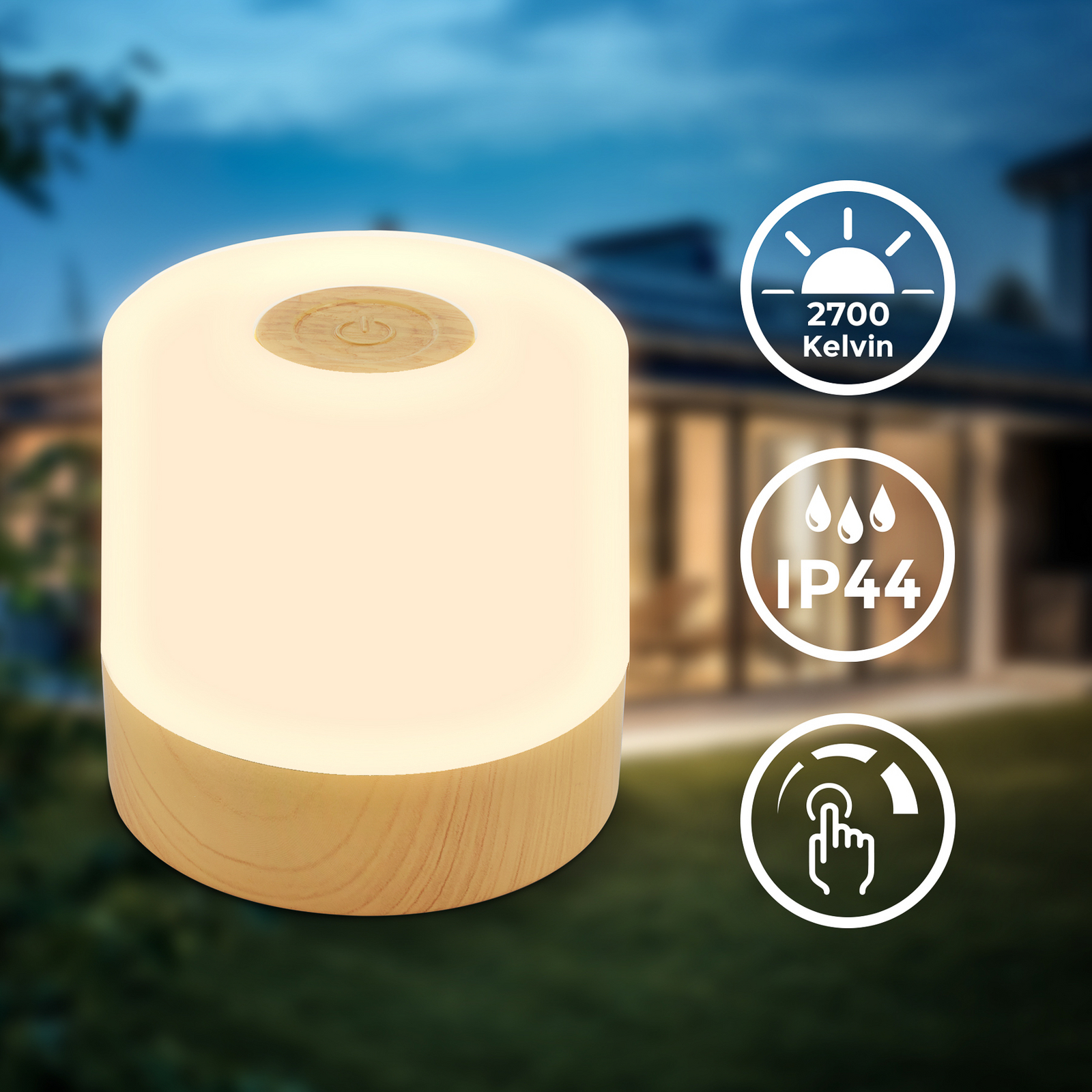 LED-Akku-Tischleuchte Cita Holzoptik, USB-C, 2.700 K, Dimmer