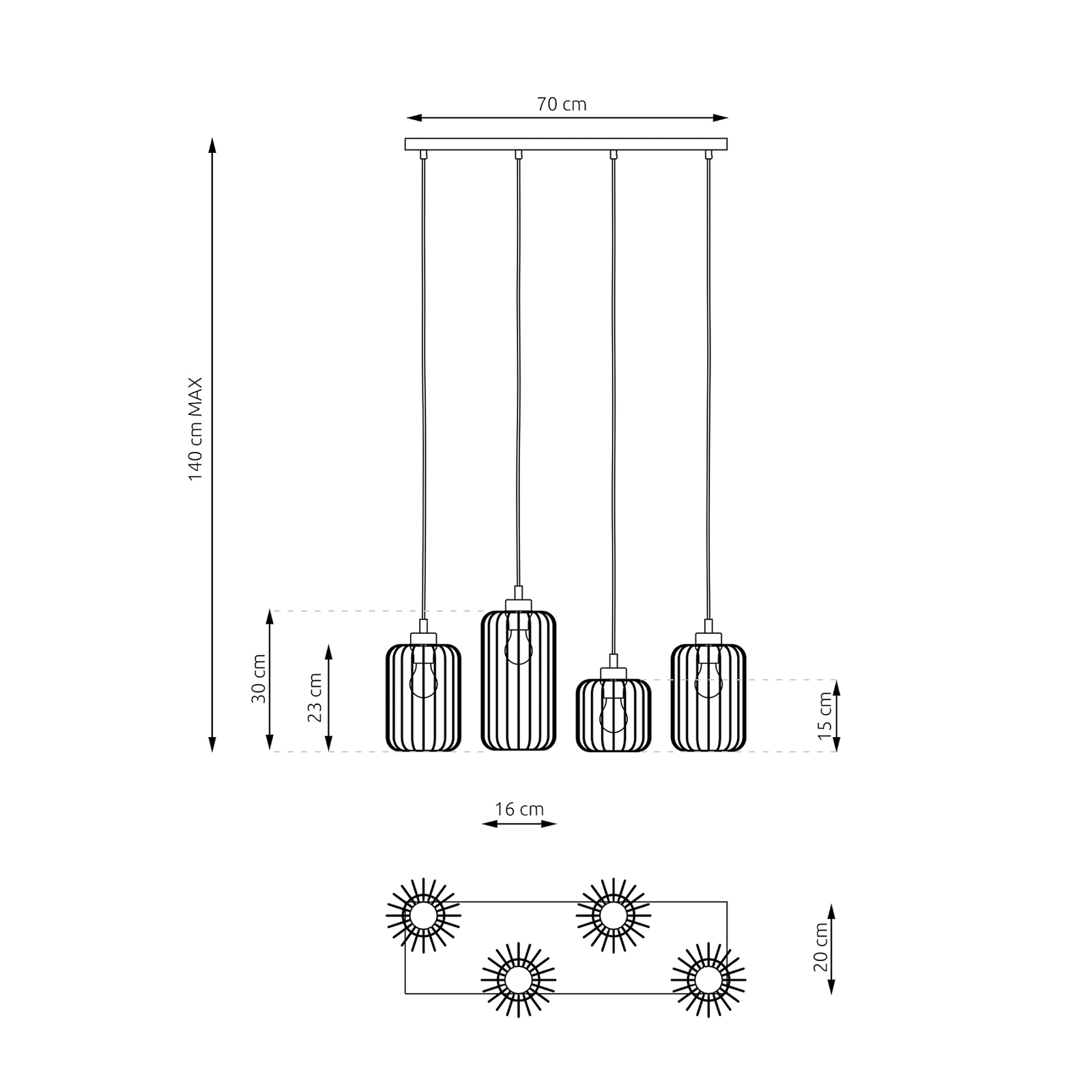 Suspension Vander, 4 lampes, 70 cm, noir, métal, E27