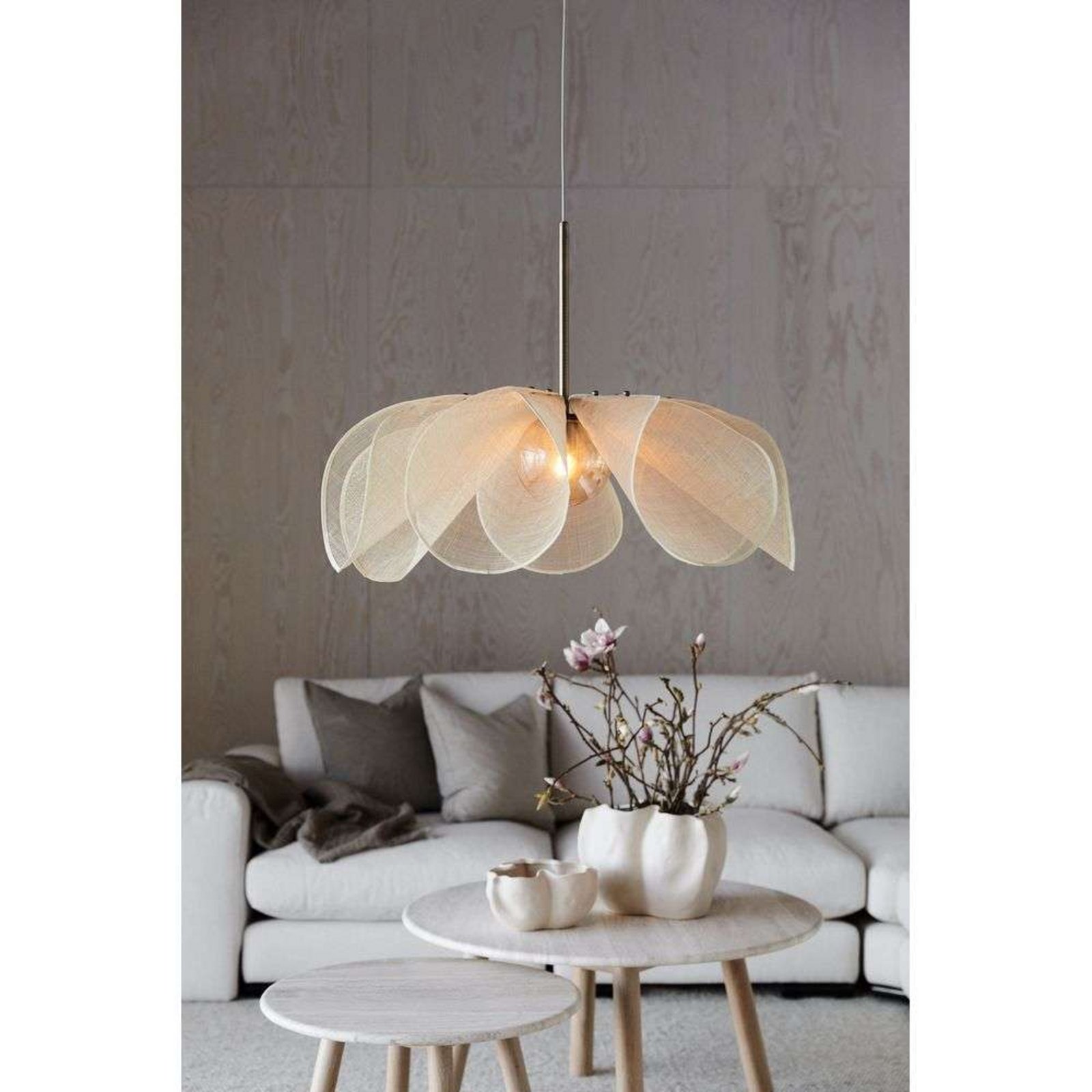 Hanglamp Styrka, Ø 75 cm, messing/beige, bananenvezel