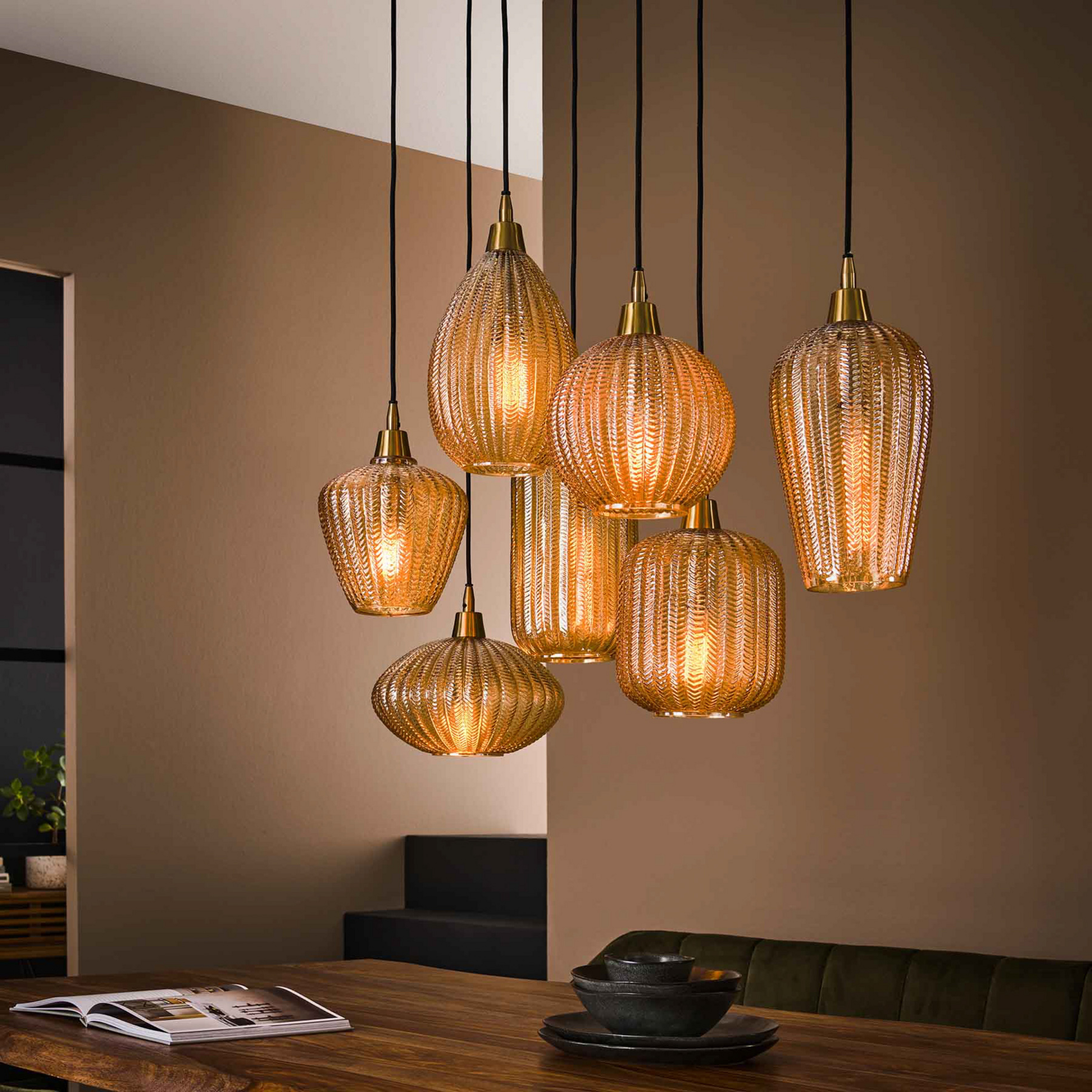 Suspension Pattern en verre brun, à 7 lampes