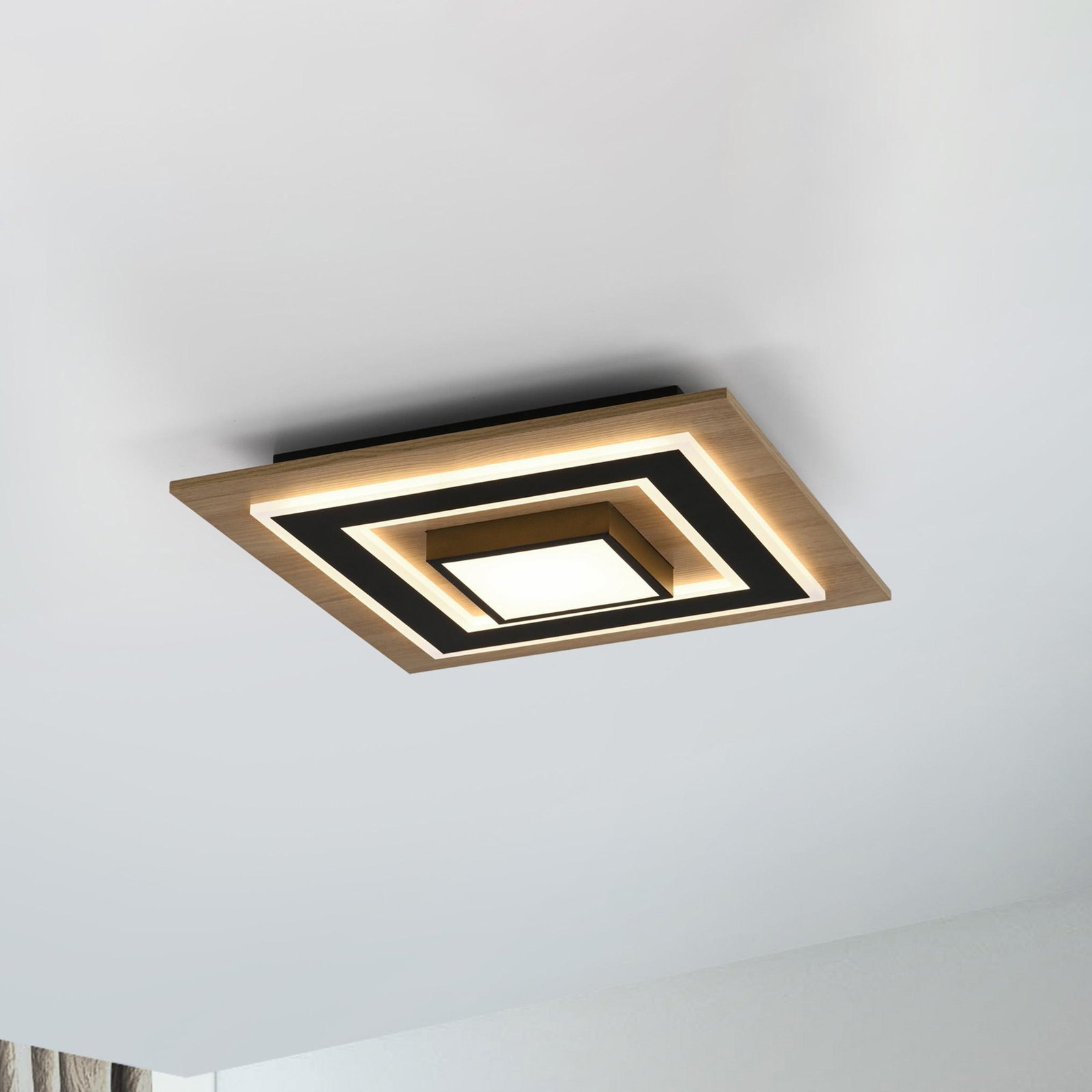 JUST LIGHT. LED ceiling lamp Tola, angular, 2-bulb, wood, 3000 K