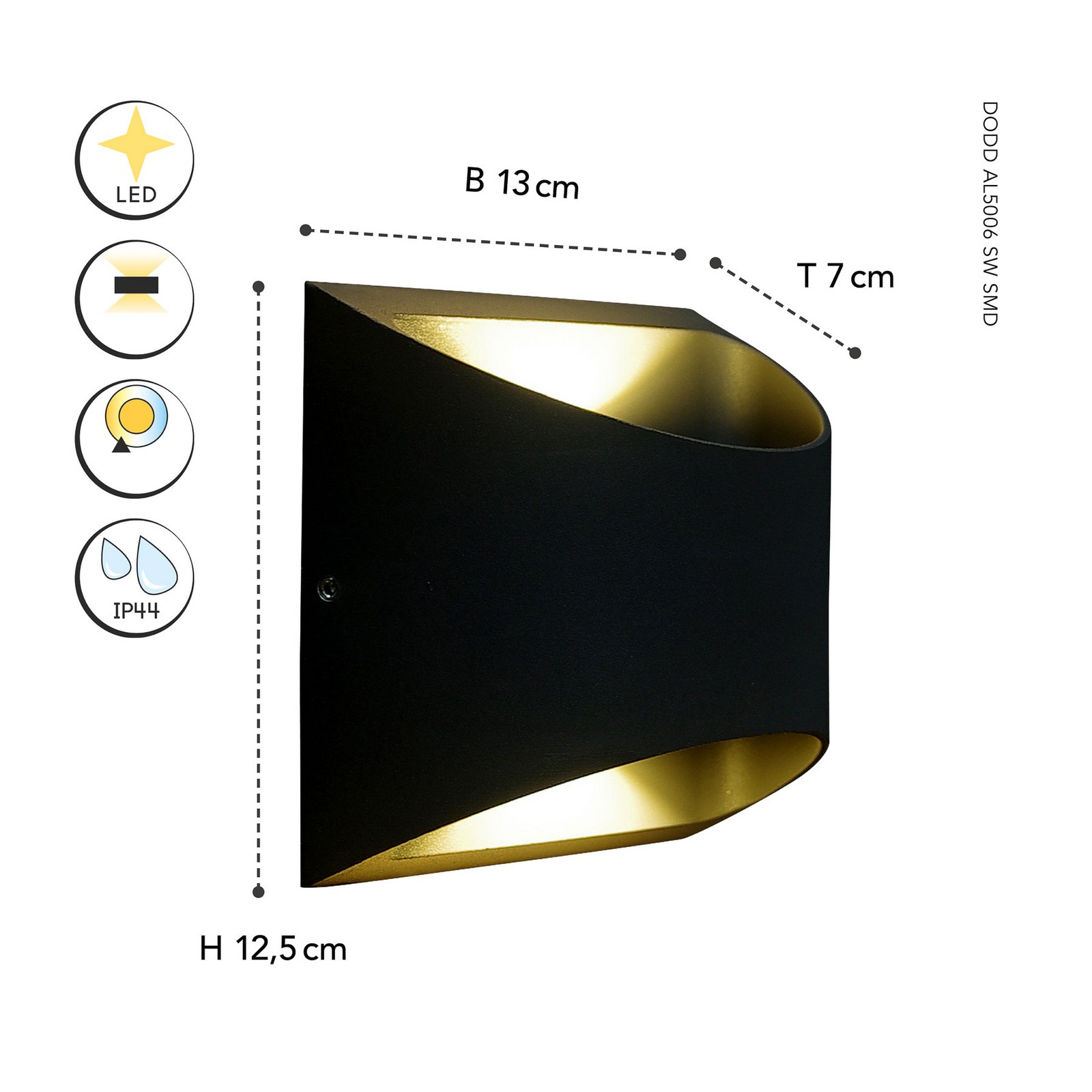 Aplique para exterior Dodd, negro, aluminio, semicircular