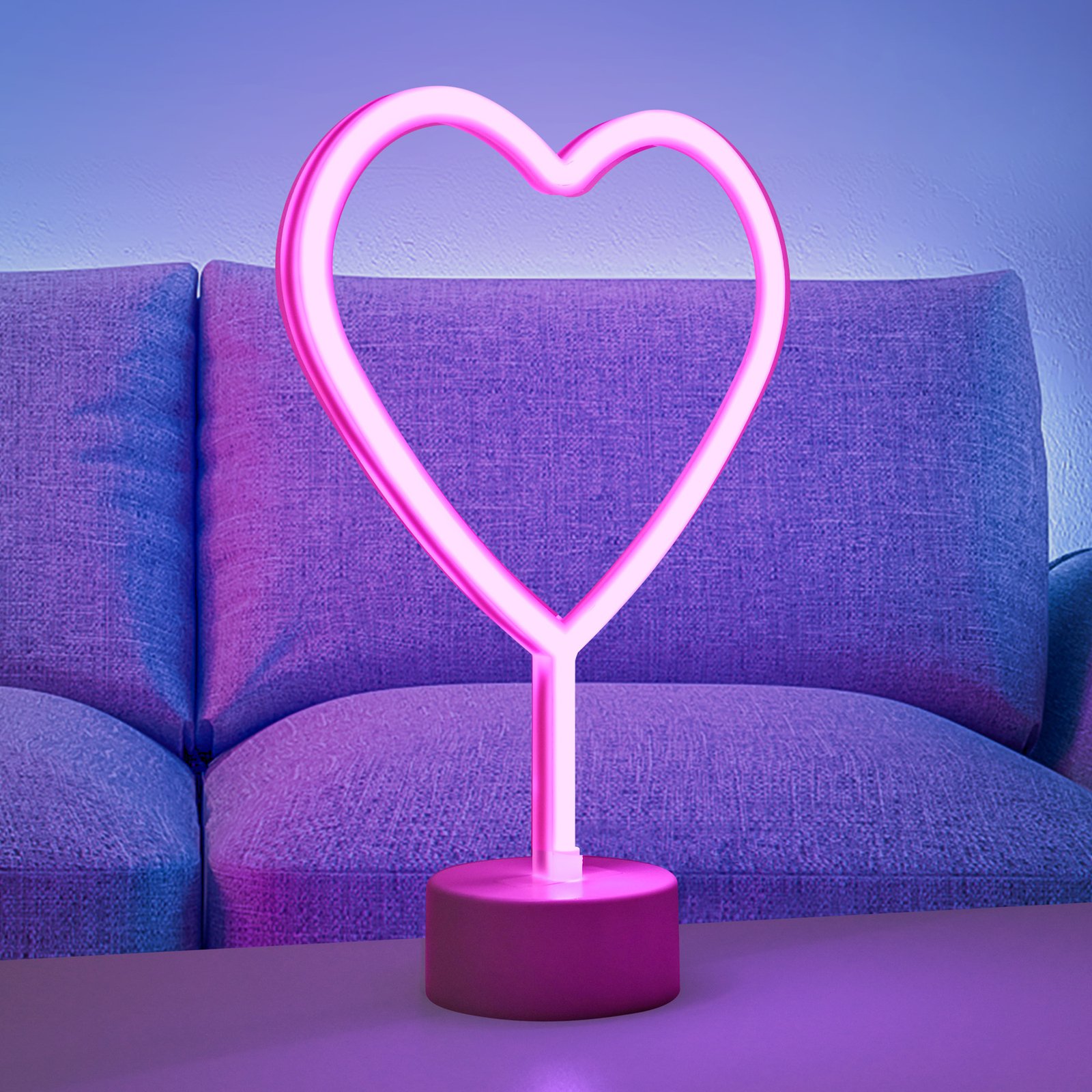 Neon Heart LED table lamp, battery-powered