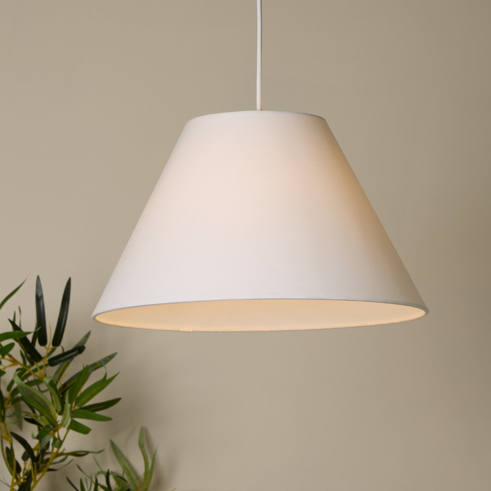 Lyta pendant light, white, Ø 38 cm, textile, E27, cone shape