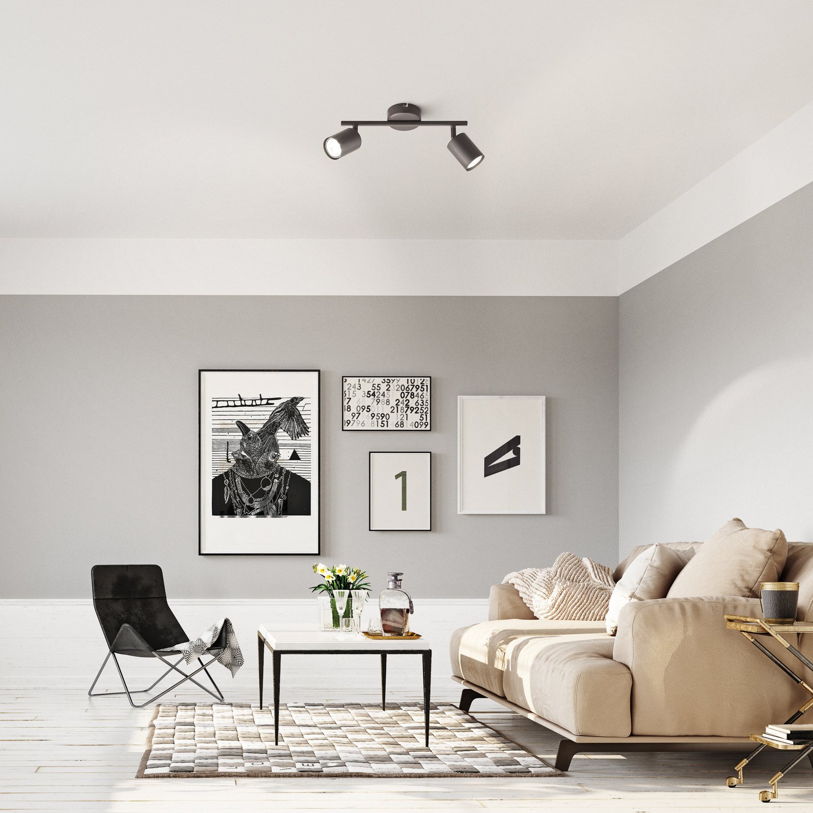 Светодиоден прожектор за таван Vano черен, с две светлини Светодиоден прожектор за таван Vano черен, с две светлини