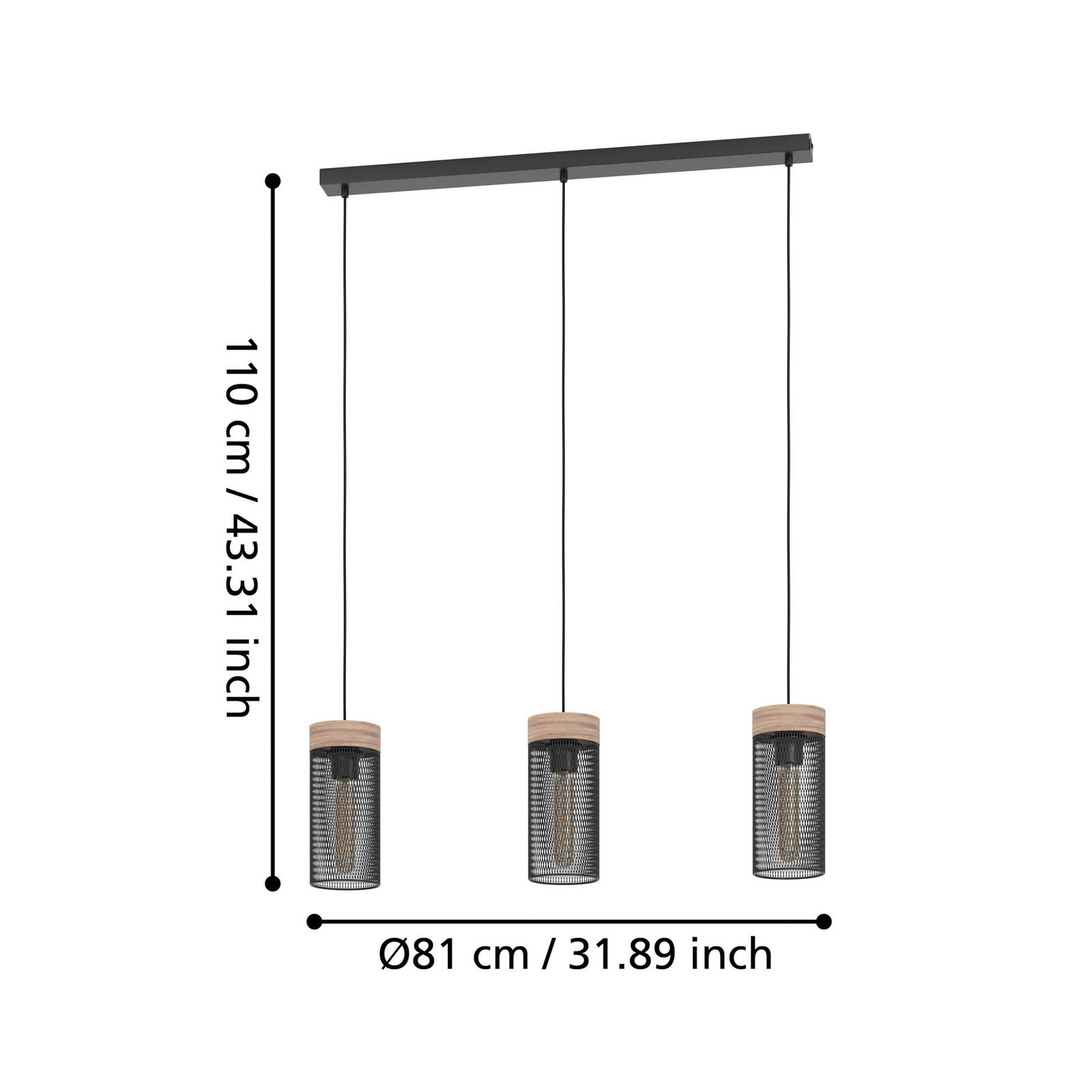 Suspension Klinsdale, noir/marron, à 3 lampes