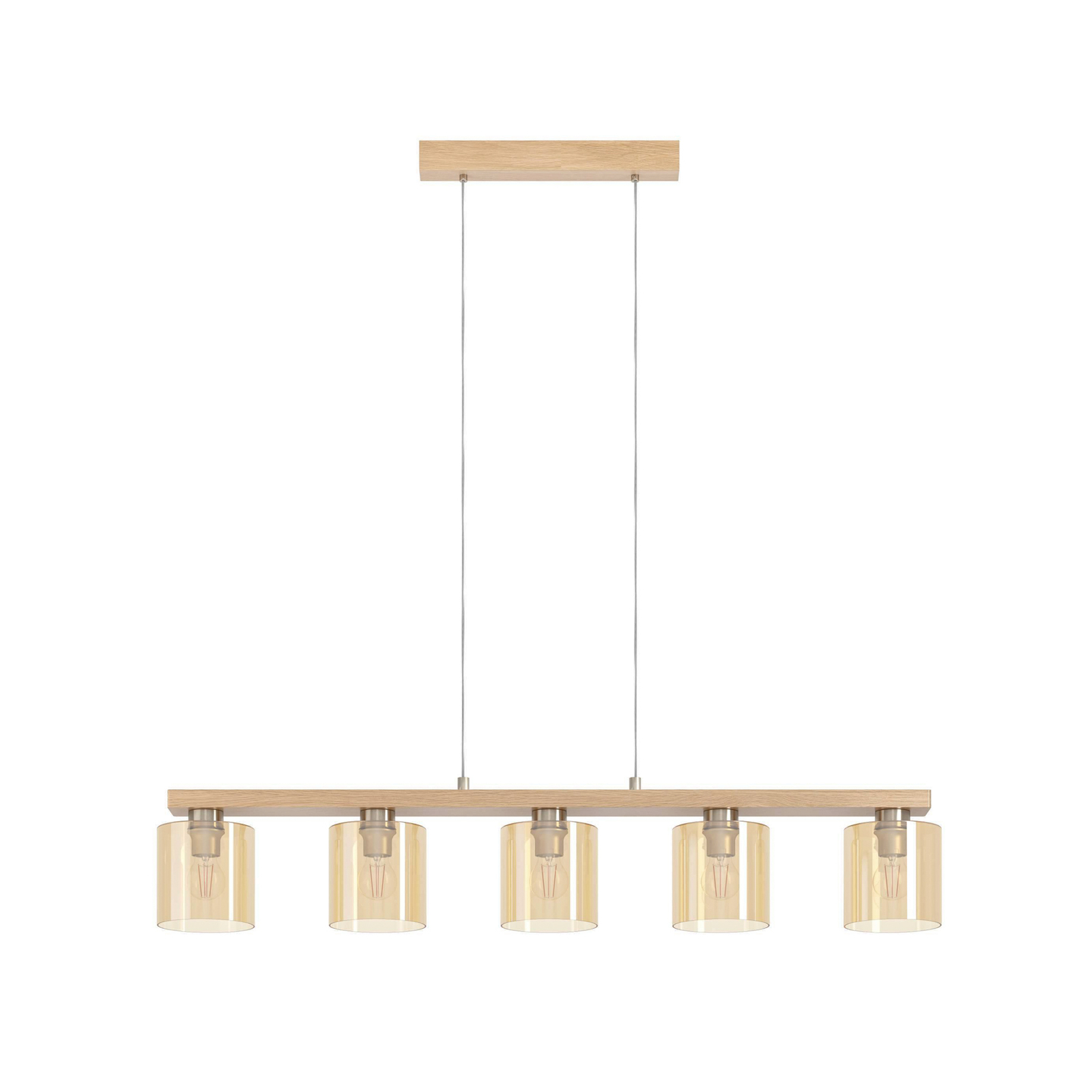 Castralvo hængelampe, længde 115 cm, træ/amber, 5 lyskilder, glas