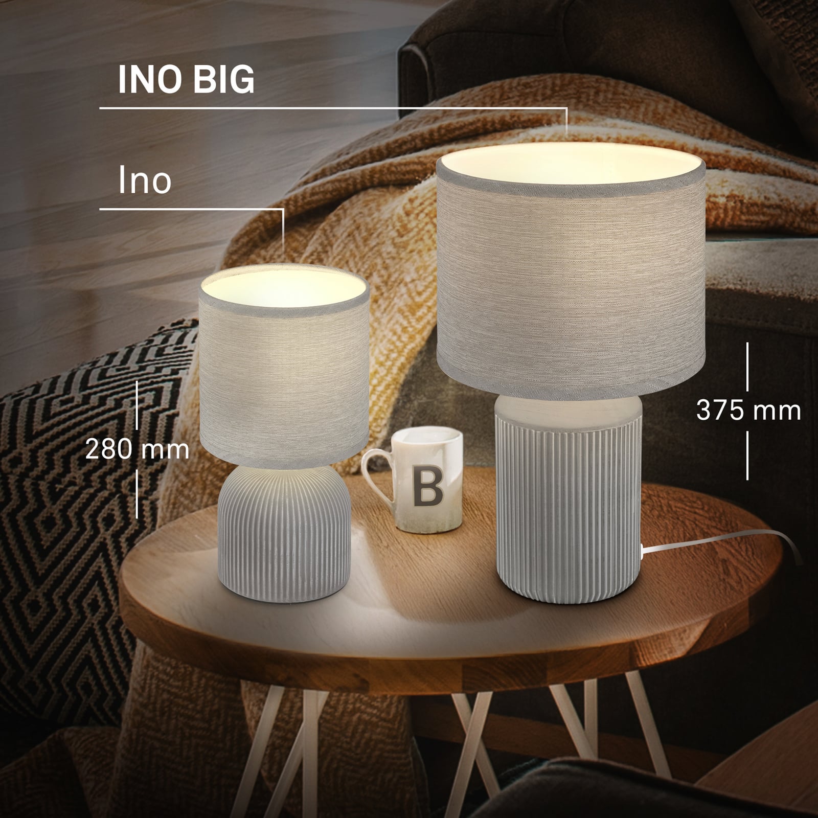 Bordslampa Ino, grå, höjd 28 cm, E14, keramik, textil