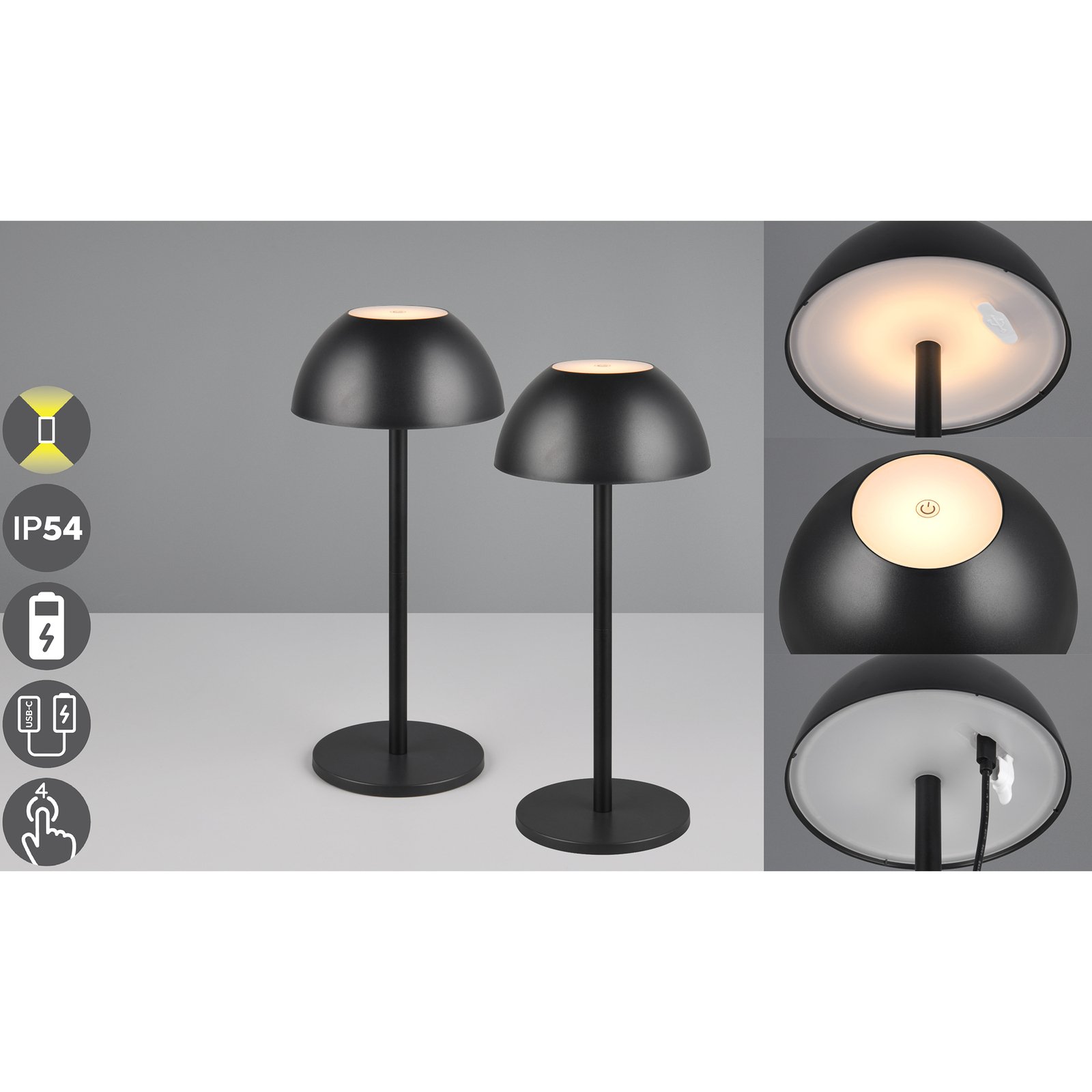 Ricardo LED namizna svetilka za polnjenje, črna, višina 30 cm, plastika