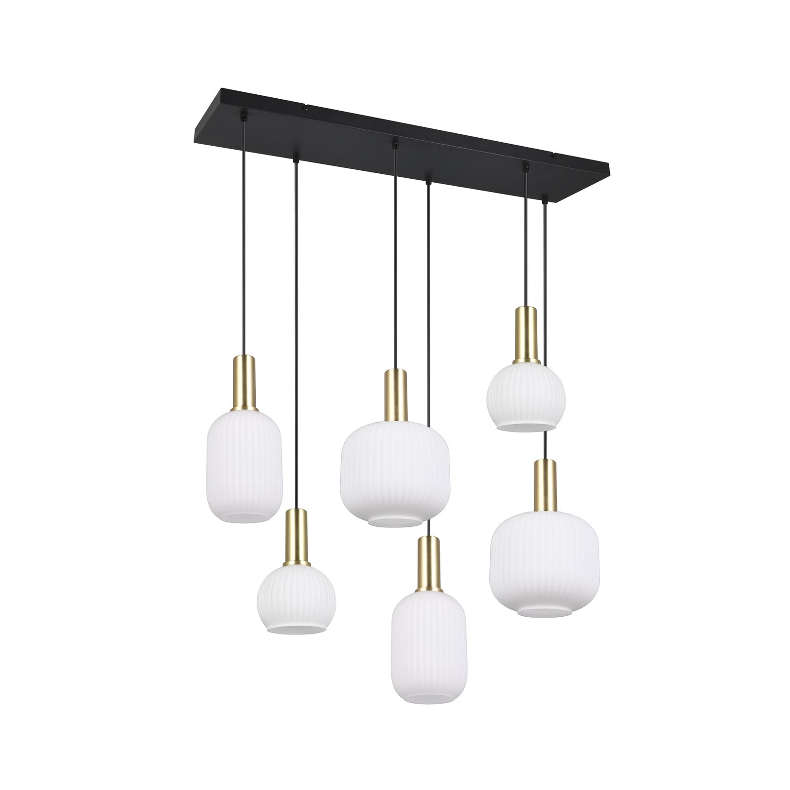 Diva pendant light, 6-bulb, brass-coloured, opal, metal, glass