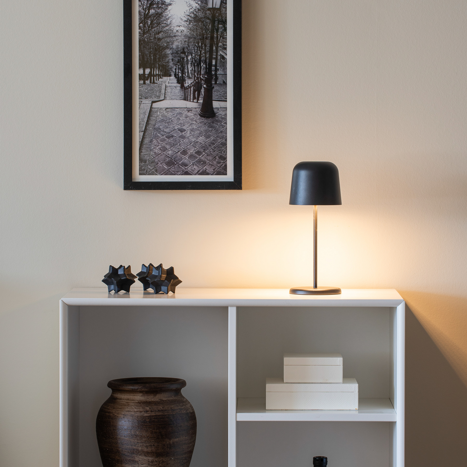 LED tafellamp op batterijen Biot, zwart, hoogte 30 cm, IP54, USB