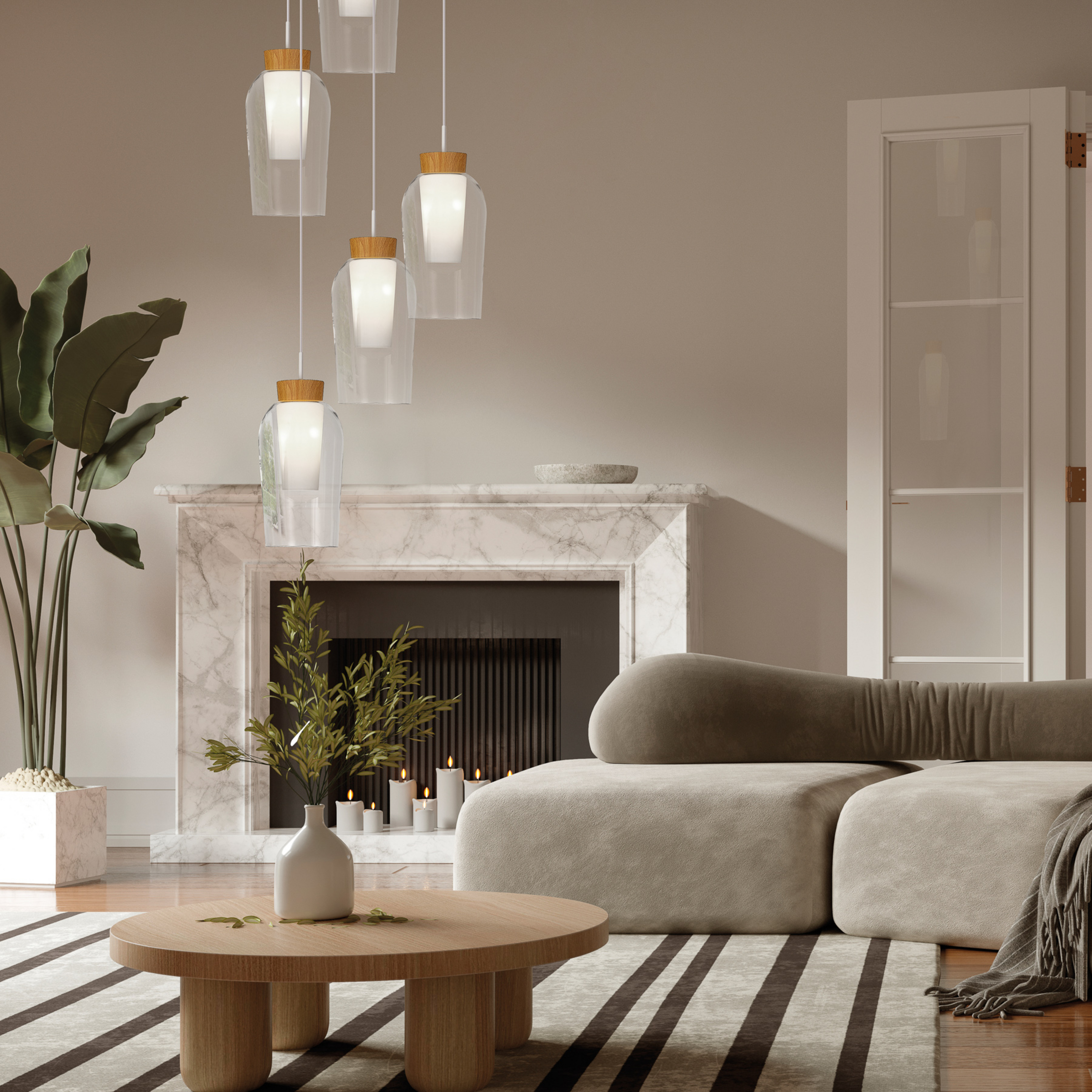 Lámpara colgante Nora, blanca, transparente, 5 luces, redonda, cristal