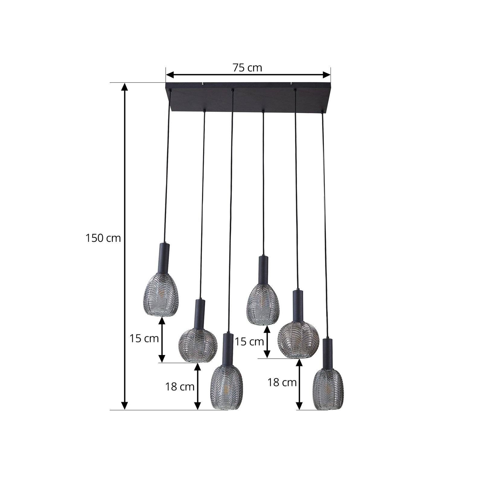 Lindby Tolli pendant light, grey/black, glass, 6-bulb