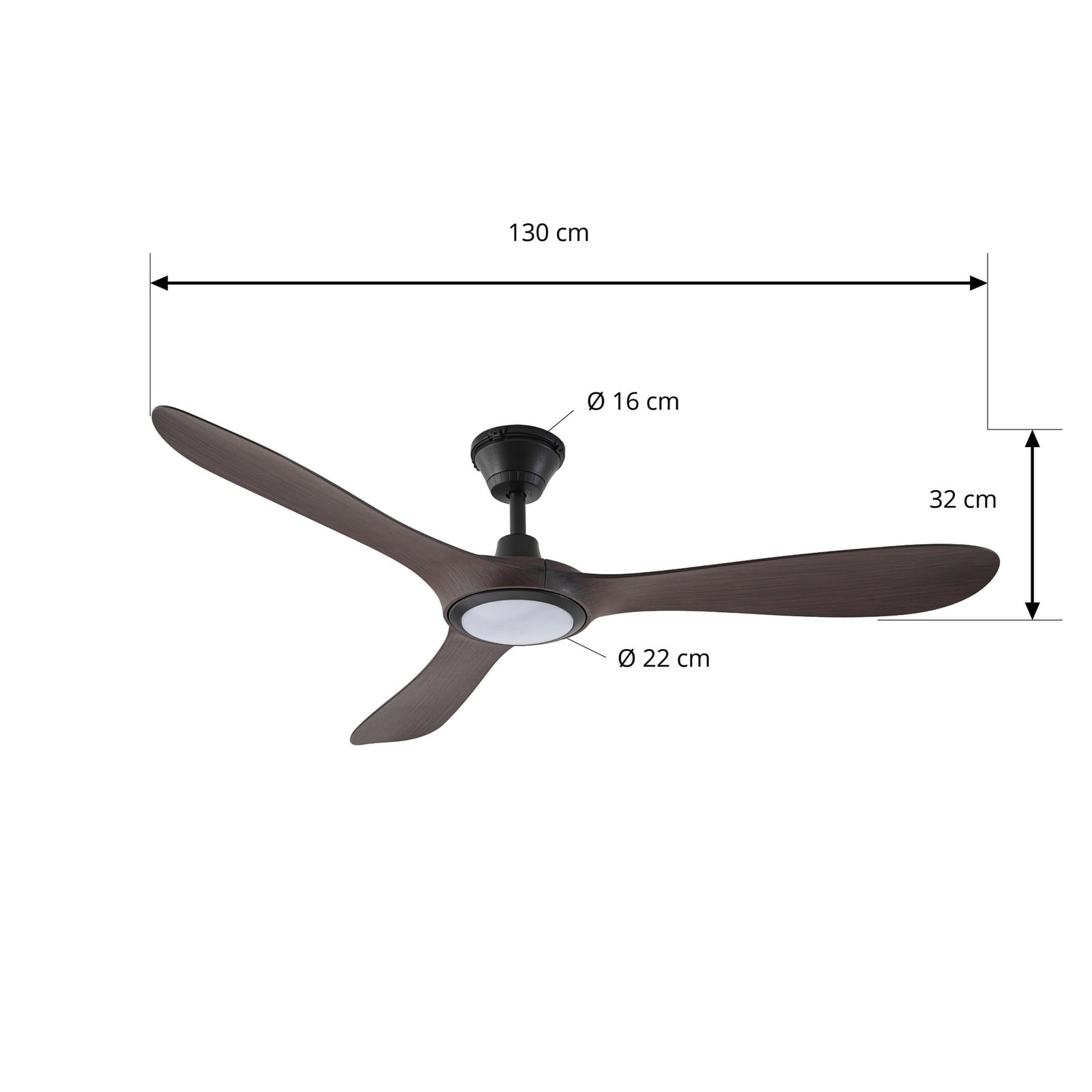 Lucande Winrod LED ceiling fan, dark wood, IP66, dimmable