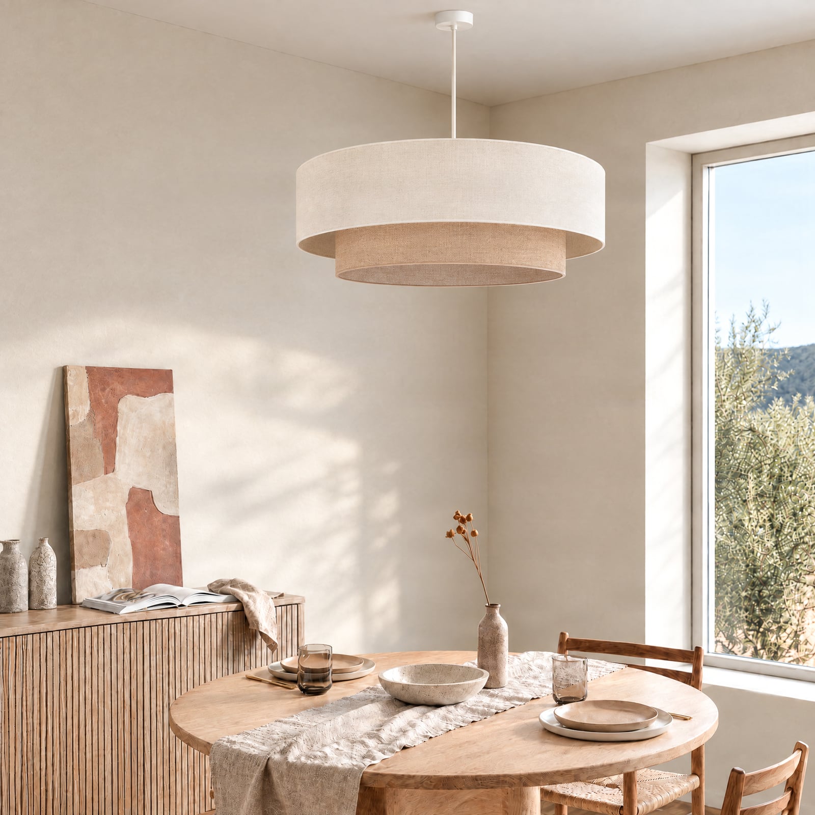 Lampa wisząca Boho, beżowa/juta, Ø 80 cm, tkanina, E27