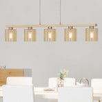 Lampa wisząca Castralvo, długość 115 cm, drewno/bursztyn, 5-punktowa, szkło